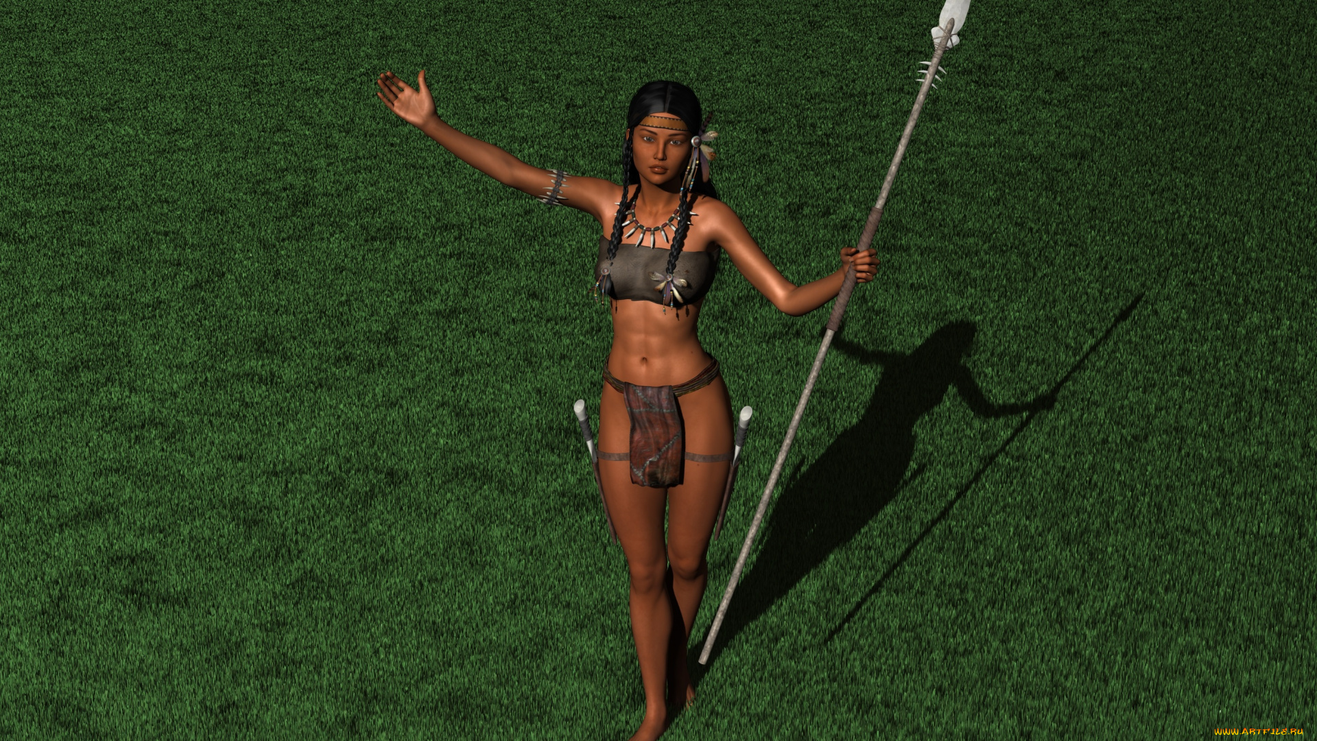 3д, графика, амазонки, , amazon, девушка, взгляд, фон, трава, копье