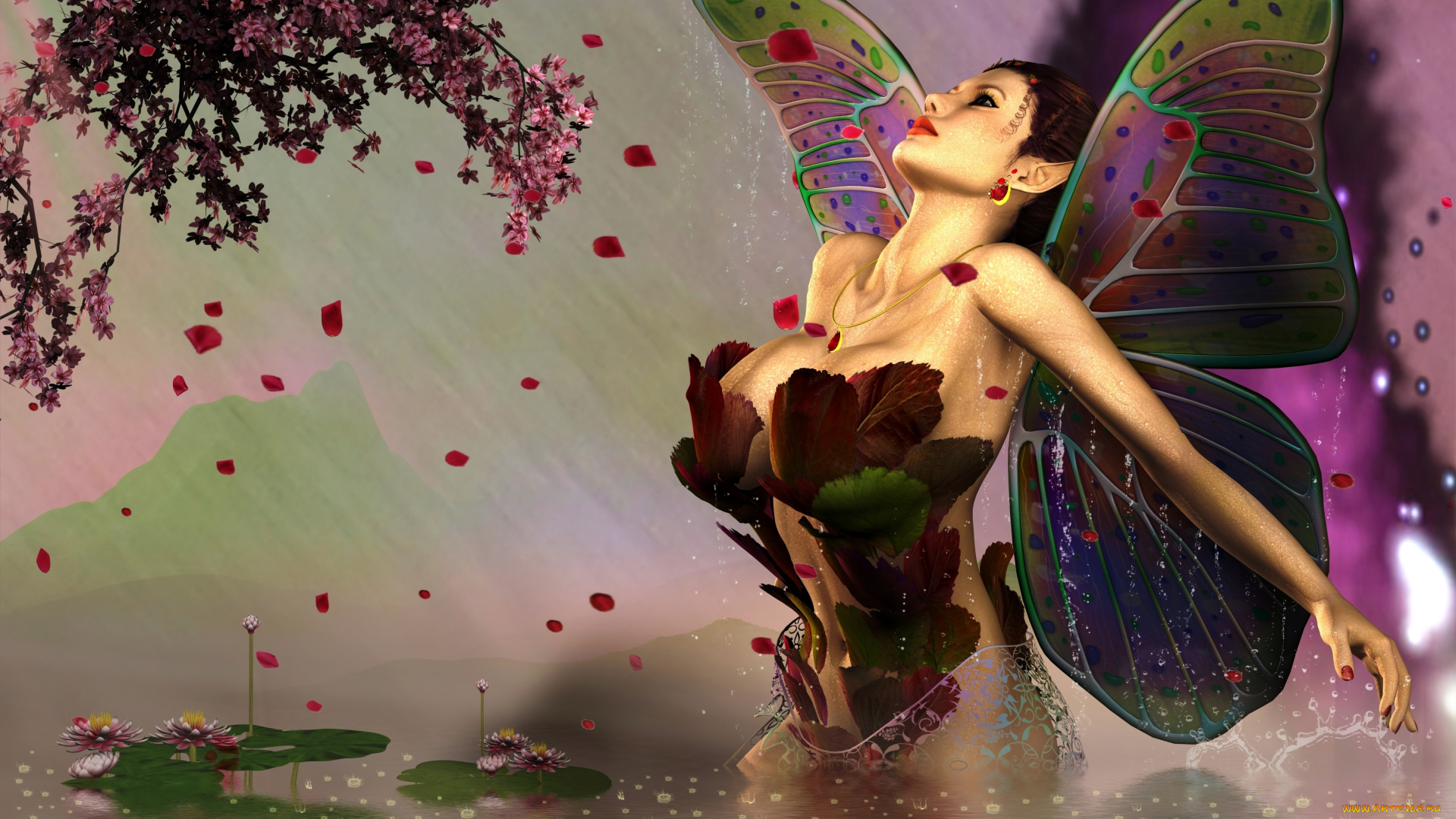 3д, графика, эльфы, , elves, цветы, вода, фон, взгляд, эльфийка