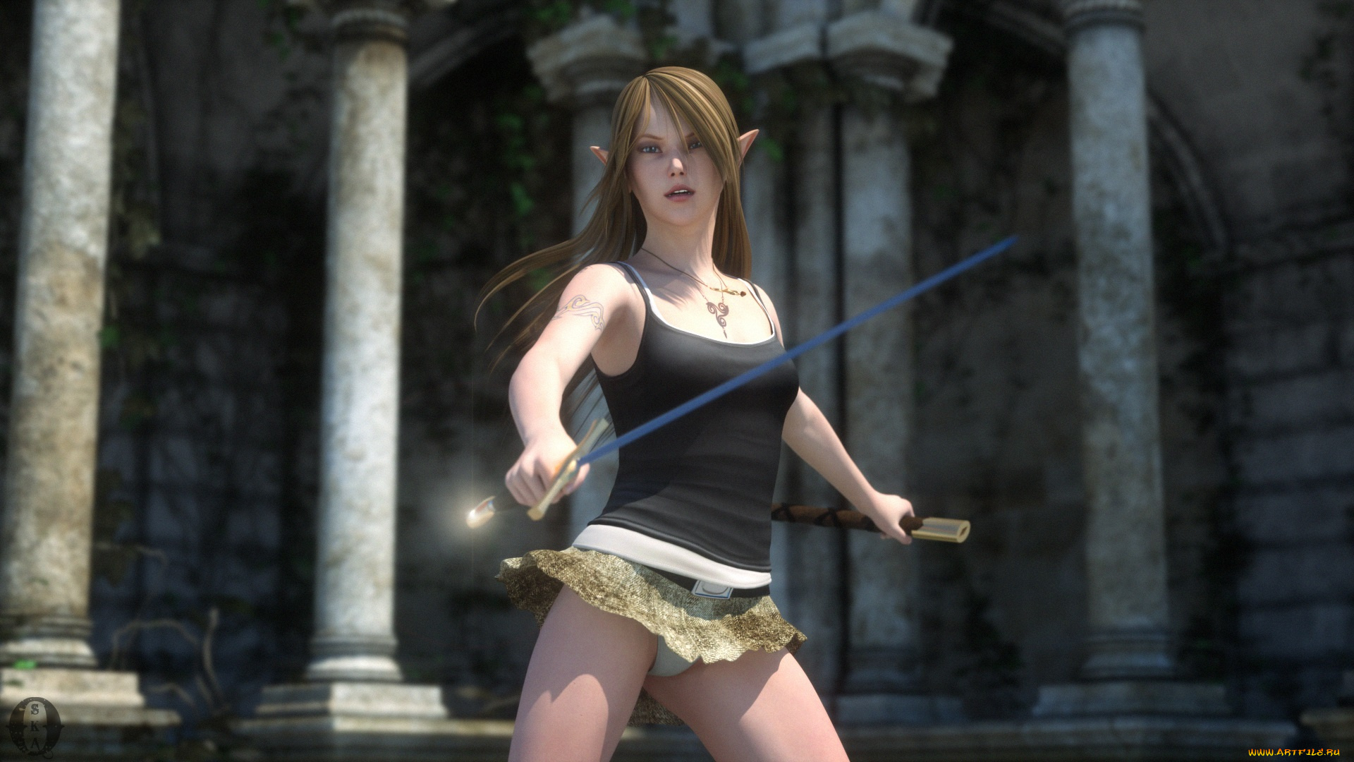 3д, графика, эльфы, , elves, оружие, фон, взгляд, эльфийка