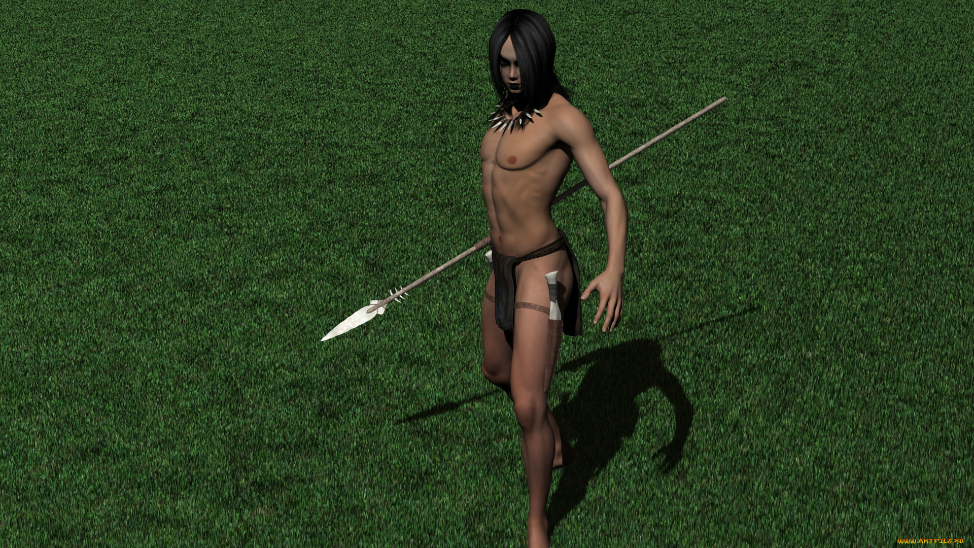 3д, графика, фантазия, , fantasy, мужчина, взгляд, копье, трава