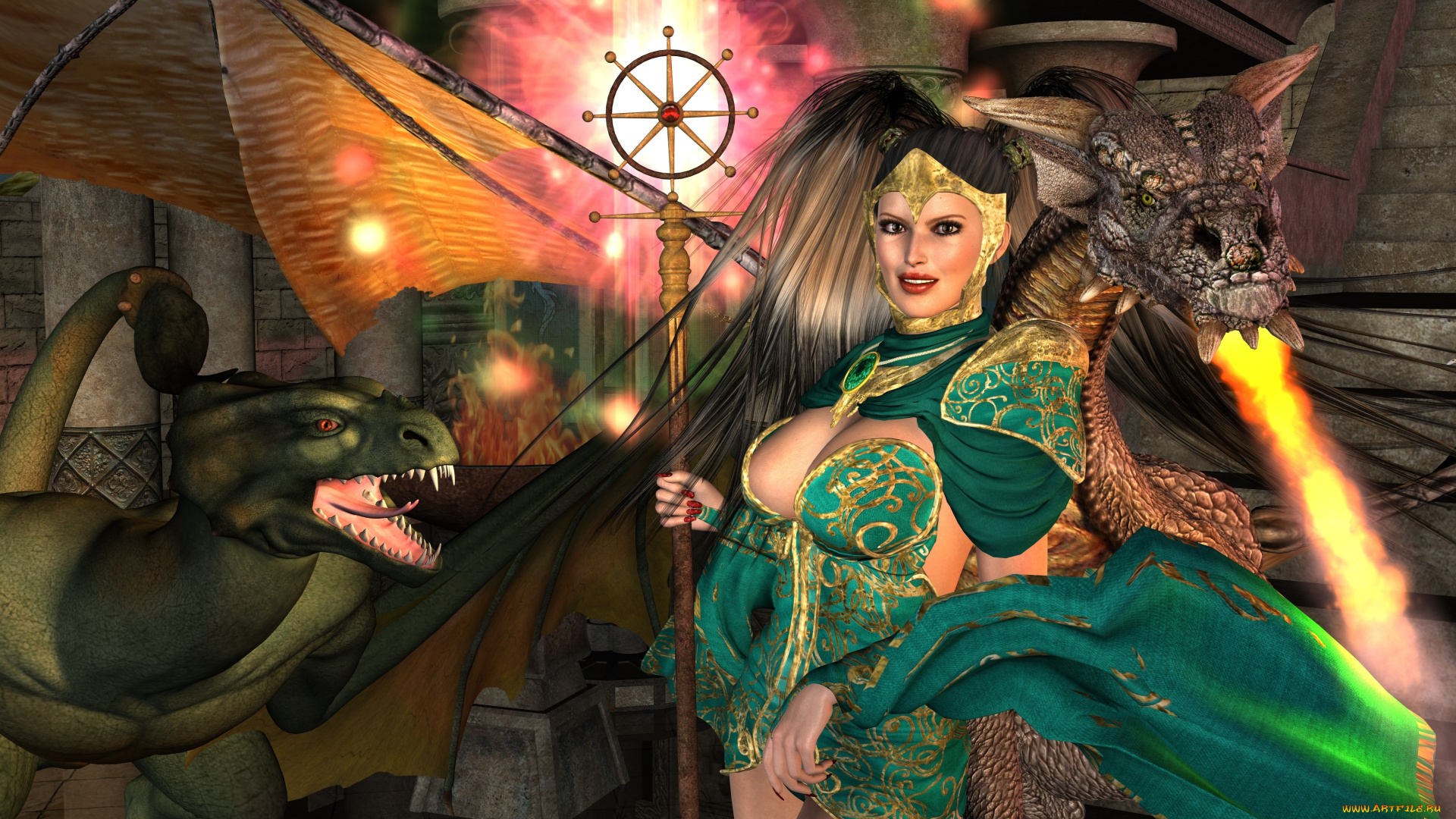 3д, графика, фантазия, , fantasy, взгляд, фон, драконы, девушка