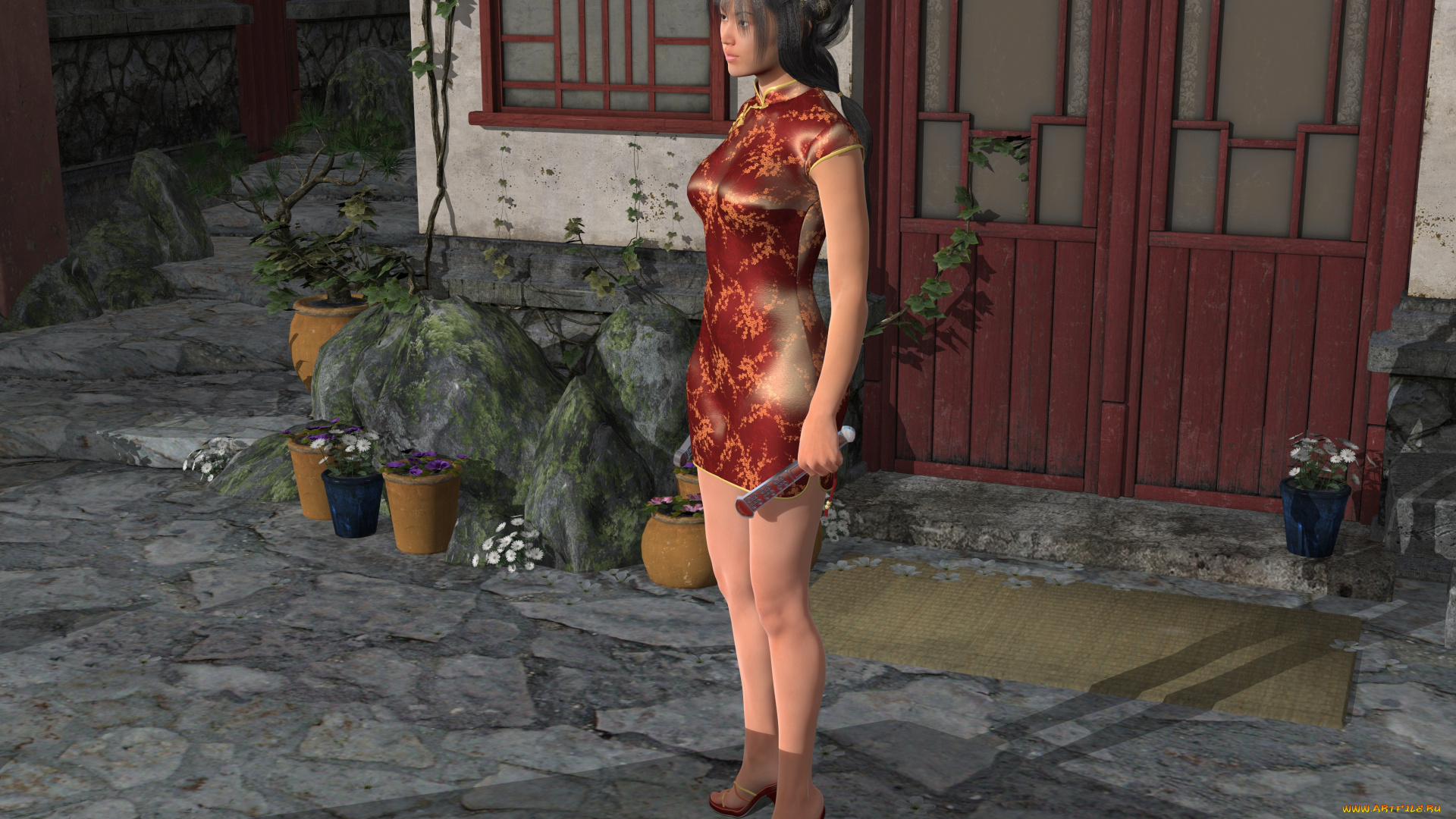 3д, графика, люди, , people, девушка, взгляд, фон, азиатка, улица