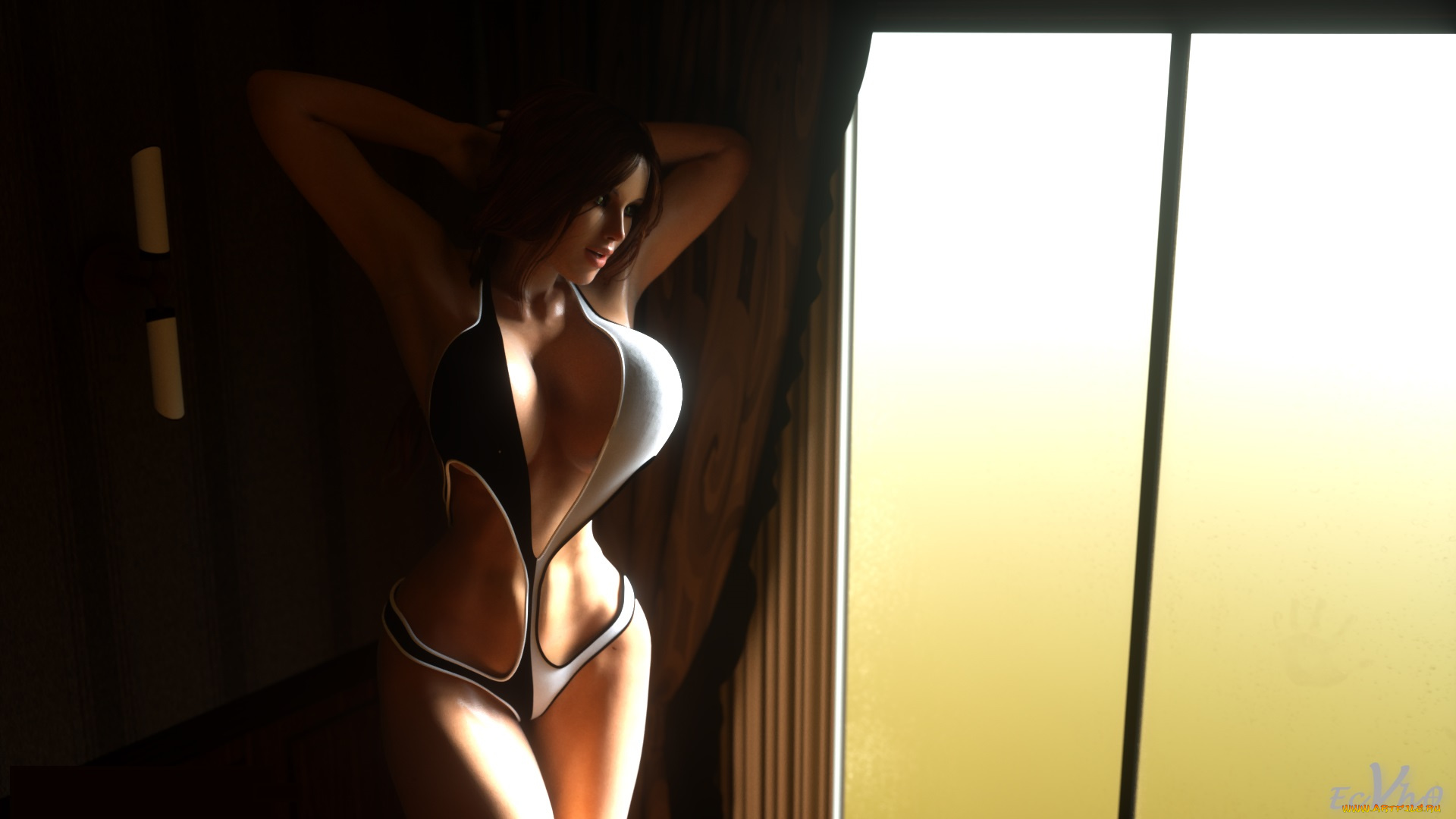 3д, графика, люди, , people, девушка, взгляд, фон, окно