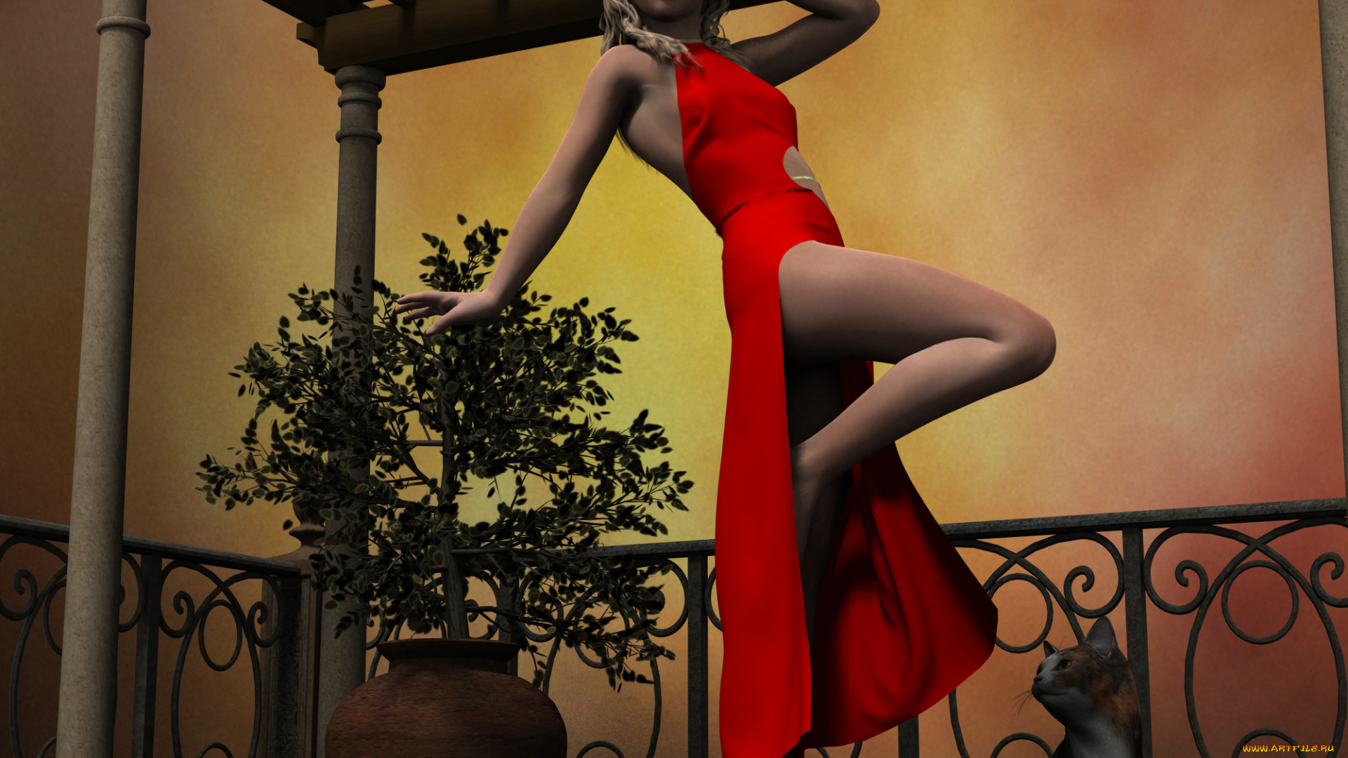 3д, графика, люди, , people, растение, кот, фон, взгляд, девушка, обувь, платье