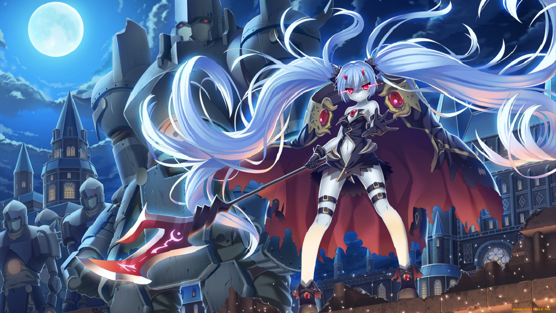 аниме, ангелы, , демоны, луна, роботы, взгляд, ночь, девушка, арт, tonchan