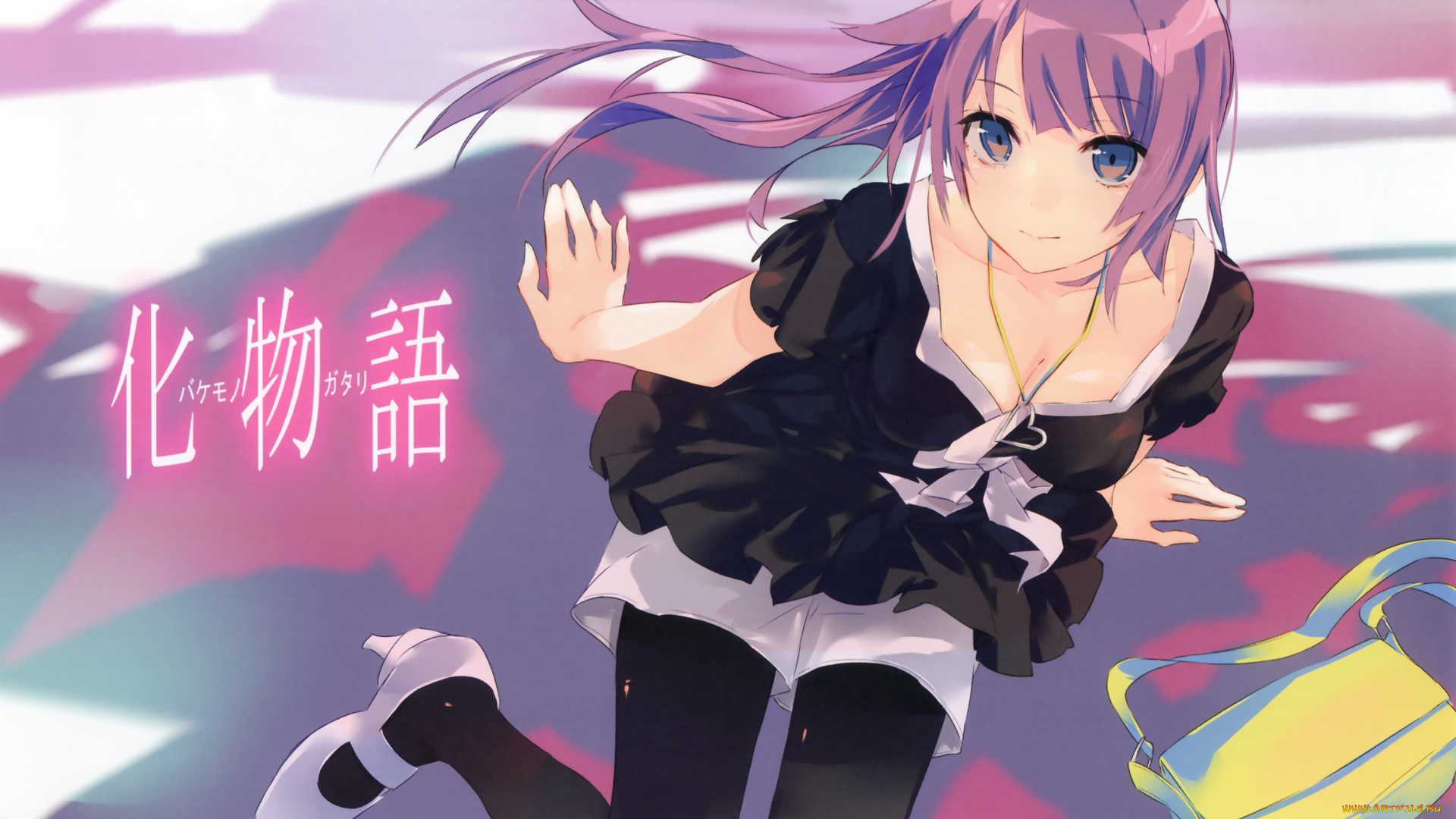 аниме, bakemonogatari, ponkan, eight, взгляд, девушка, арт, senjougahara, hitagi, платье, кулон, сумка