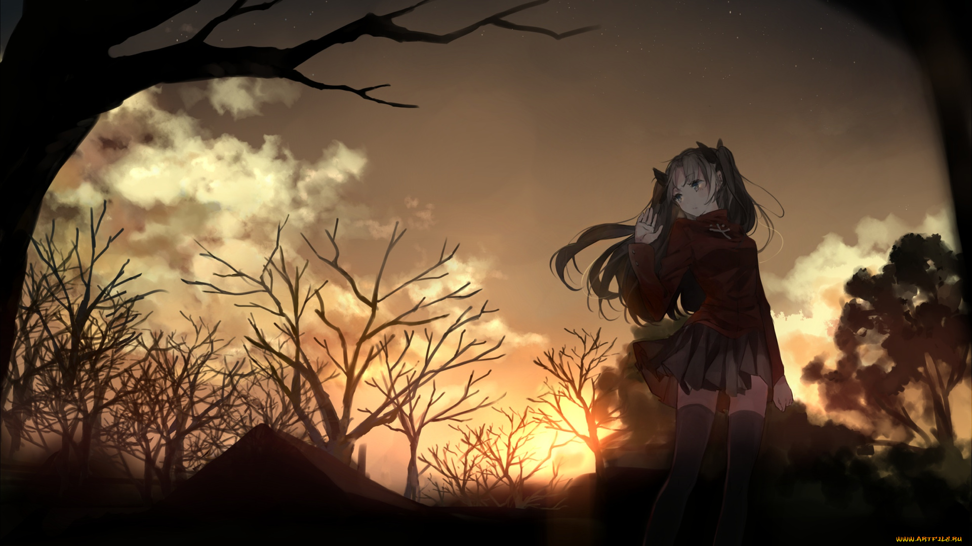 аниме, fate, stay, night, звёзды, деревья, облака, солнце, вечер, закат, девушка, tohsaka, rin, fatestay, night, арт, bou, shaku