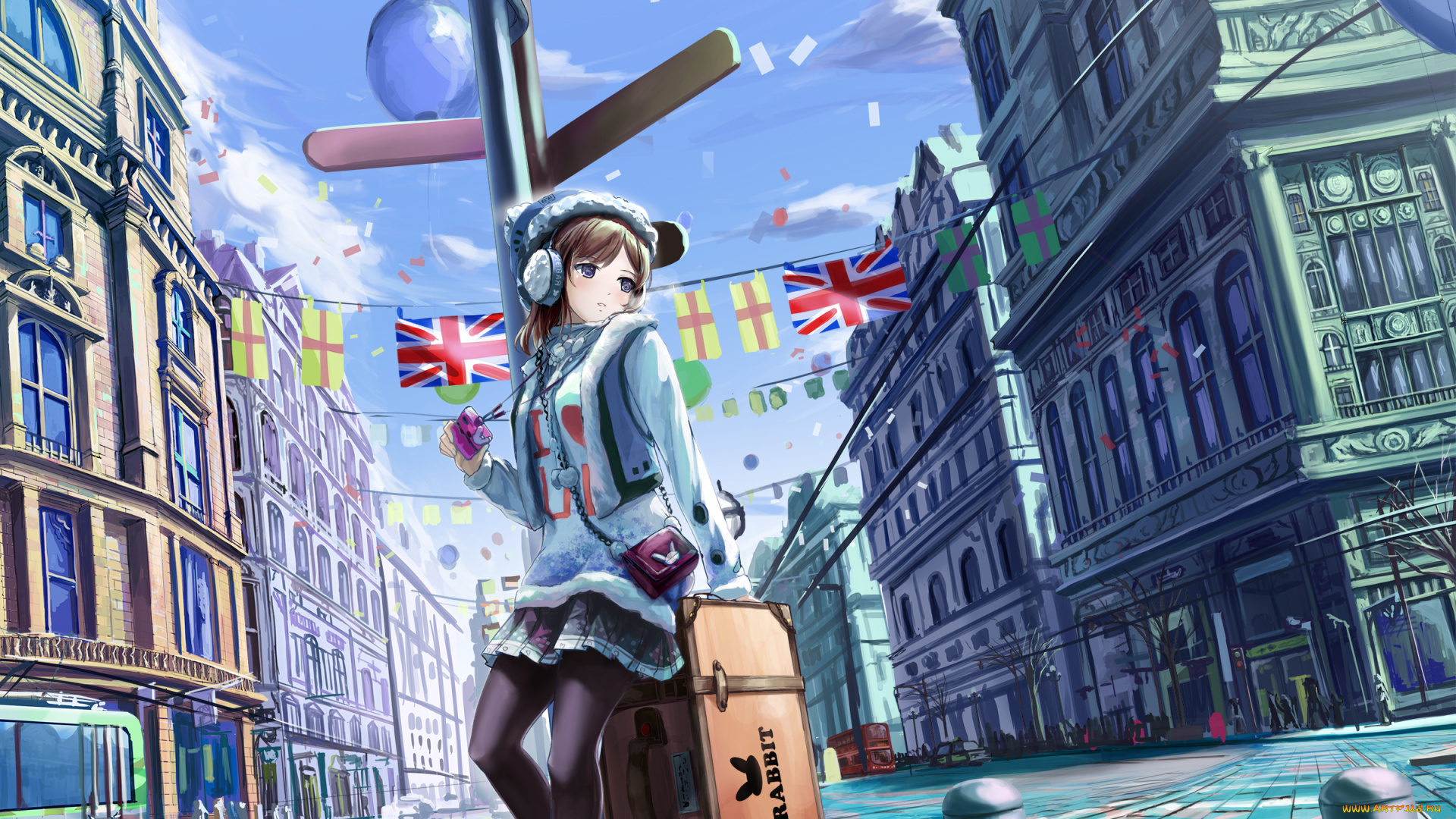 аниме, город, , улицы, , здания, воздушные, чемодан, праздник, столб, девушка, kyaro, арт, kyaro54, здания, улица, шары, небо