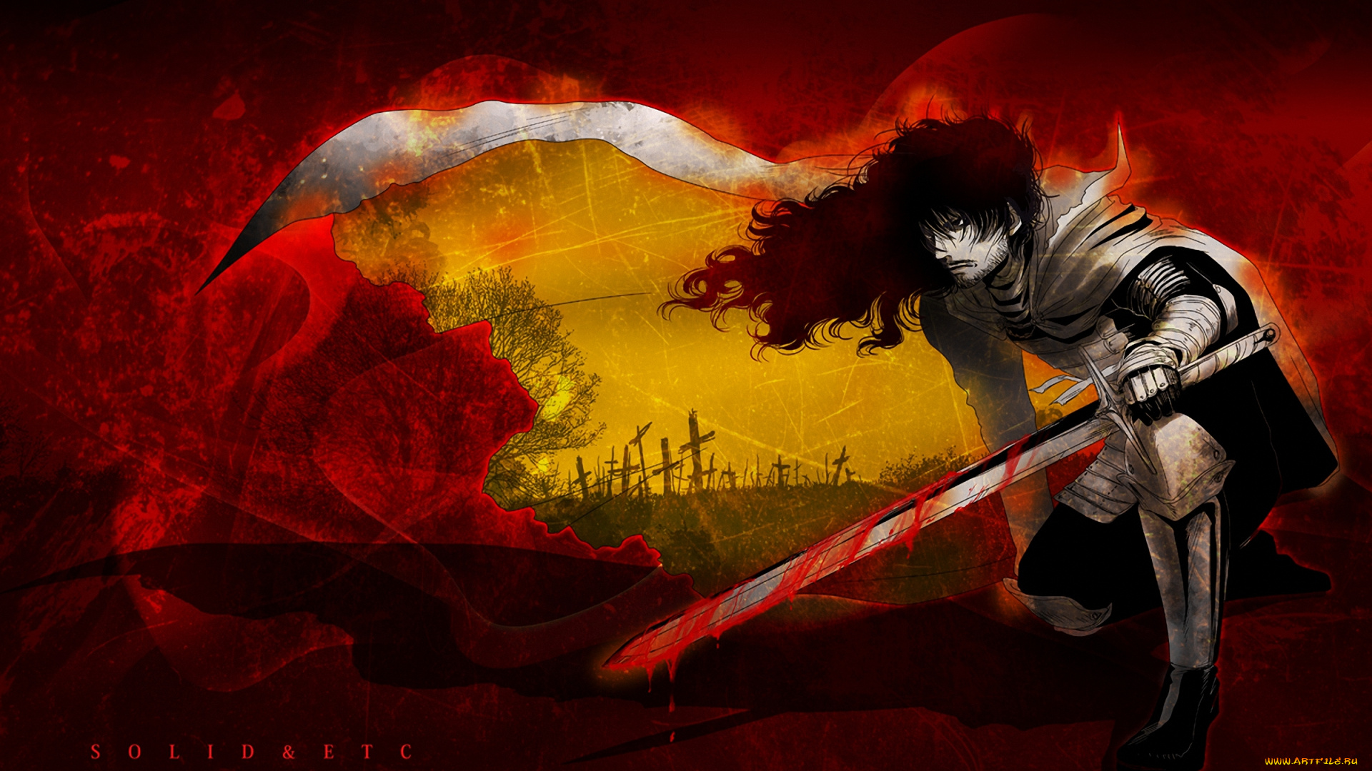 аниме, hellsing, кладбище, кровь, меч, вампир, дракула, dracula, vampire, alucard