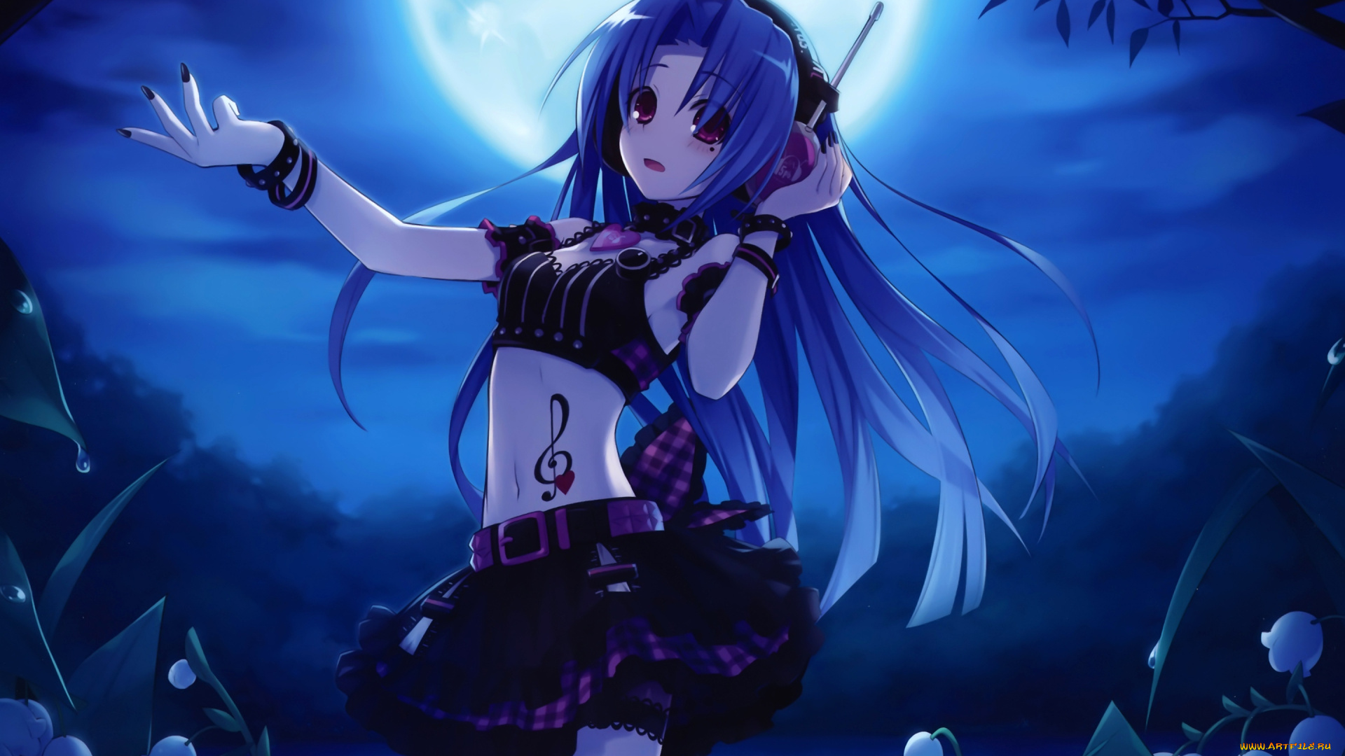 аниме, hyperdimension, neptunia, фон, девочка, музыка, пение, татуировка, нота, ночь, луна, цветы, наушники