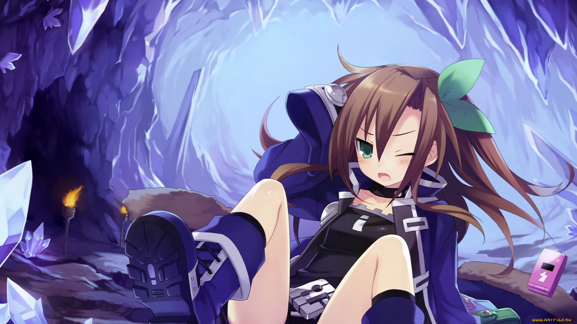 аниме, hyperdimension, neptunia, сапоги, девушка, факел, огонь, телефон, пещера