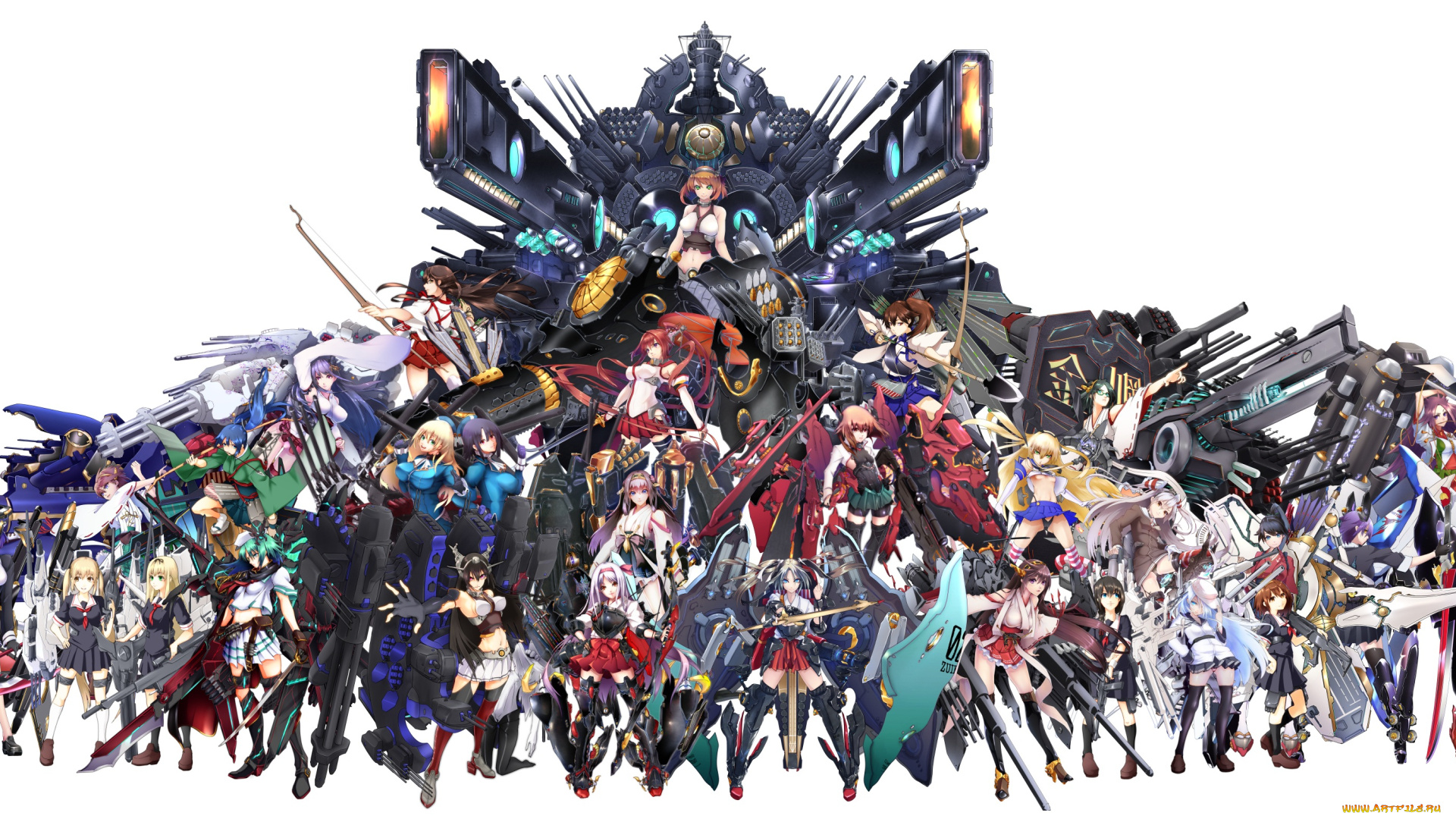 аниме, kantai, collection, kantai, collection, big-g, арт, белый, фон, девушки, оружие
