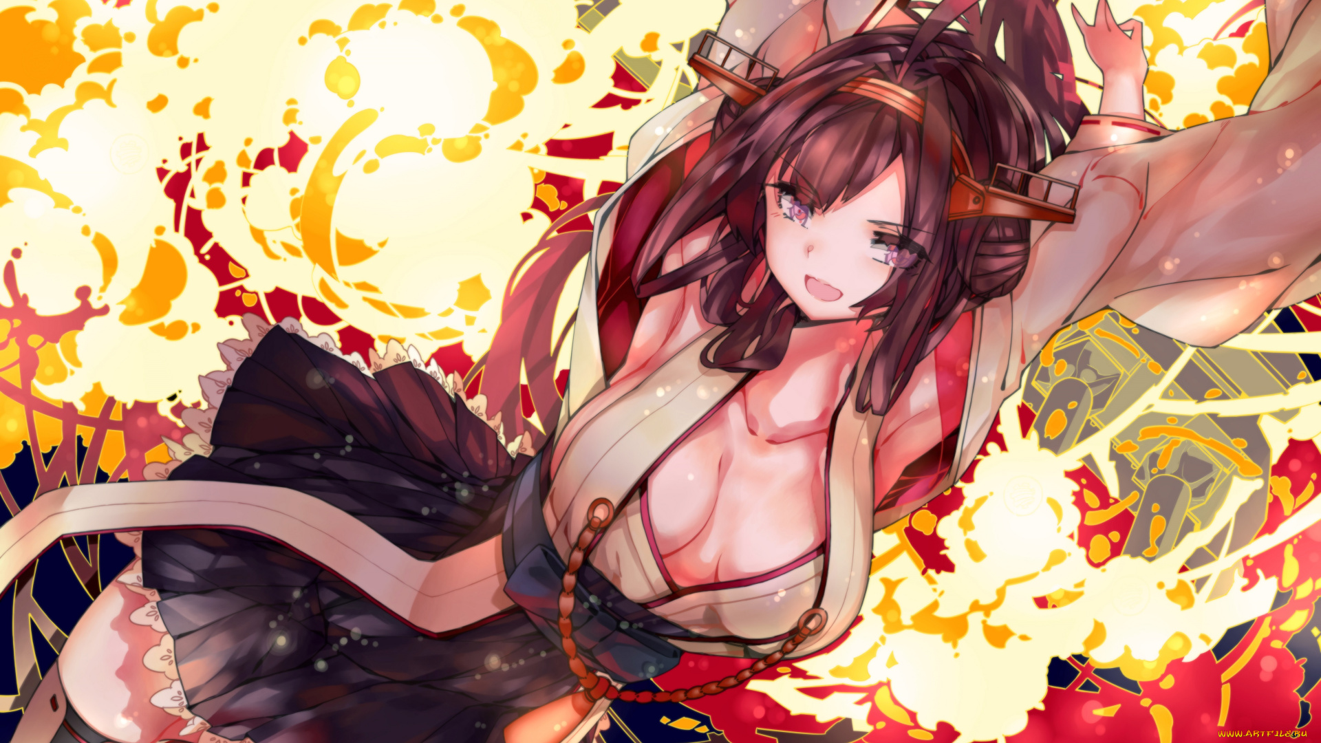 аниме, kantai, collection, взгляд, kancolle, kongou, kantai, collection, кимоно, девушка, leung, ka, che, абстракция