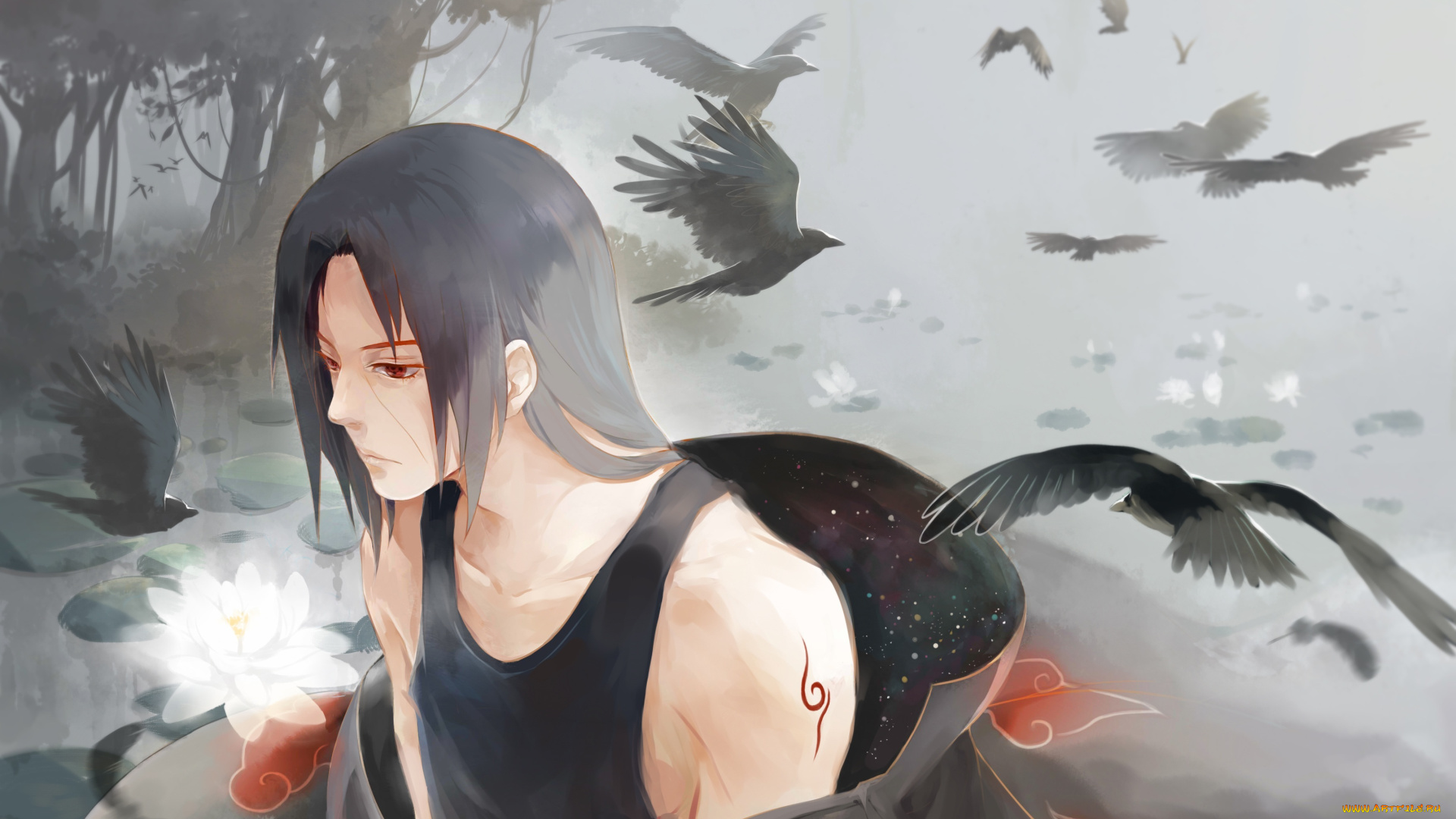 аниме, naruto, art, itachi, uchiha, вороны, лотос, цветок
