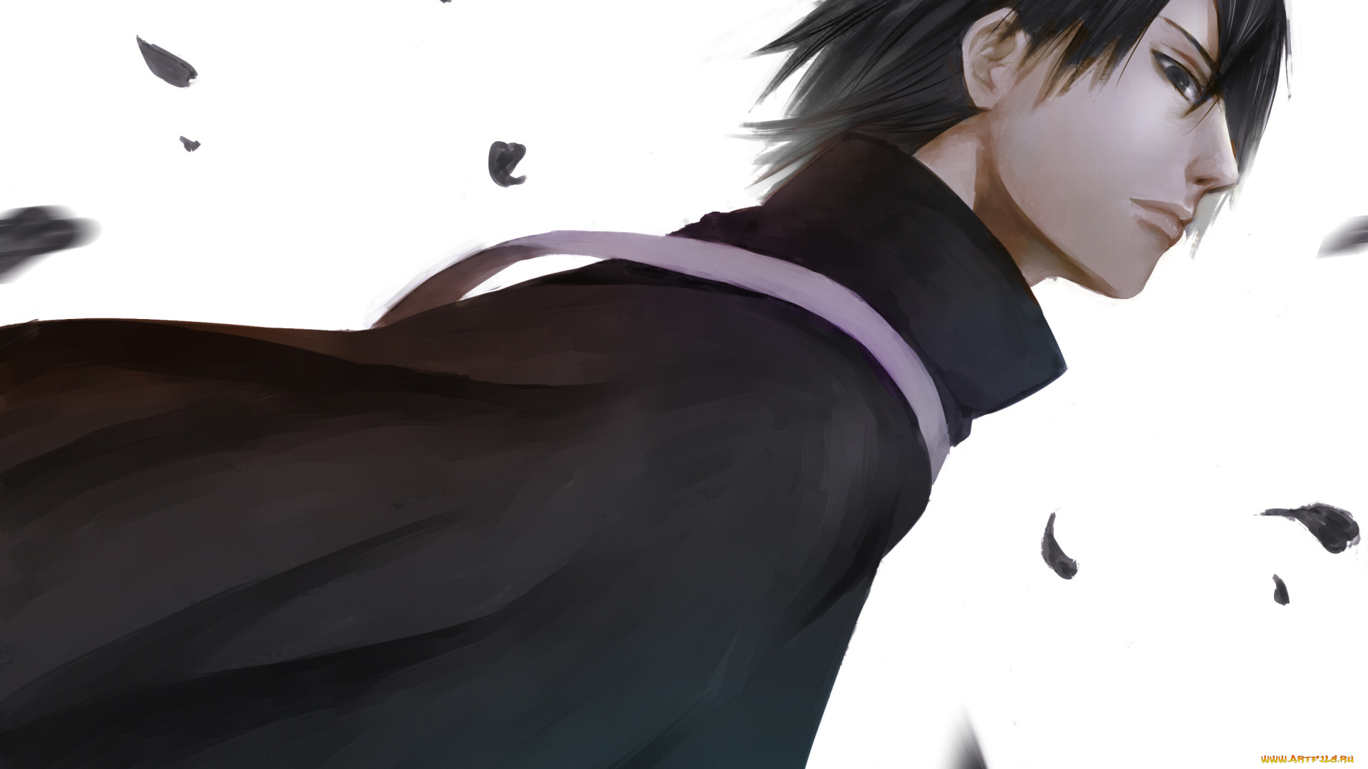 аниме, naruto, art, sasuke, uchiha, листва