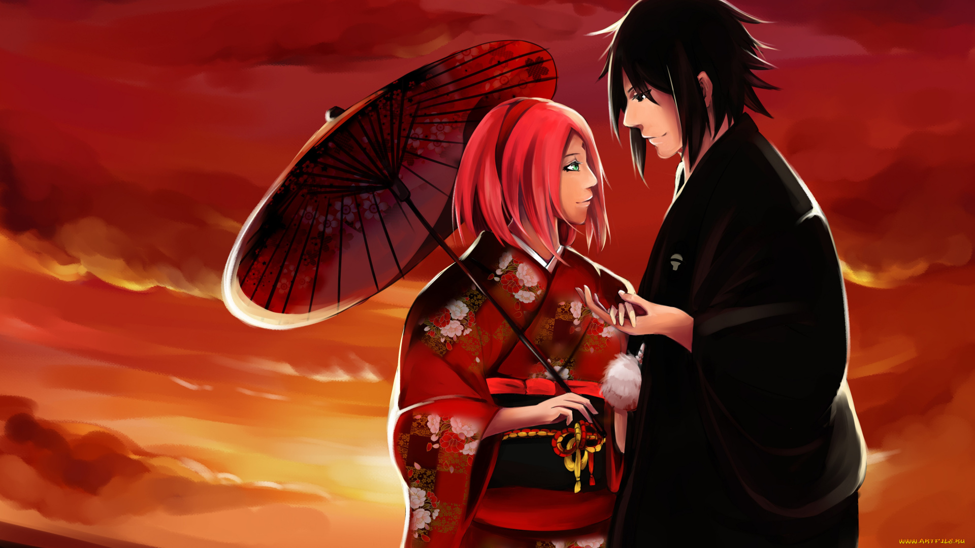 аниме, naruto, kimono, sasuke, uchiha, девушка, парень, art, maru, sakuro, haruno