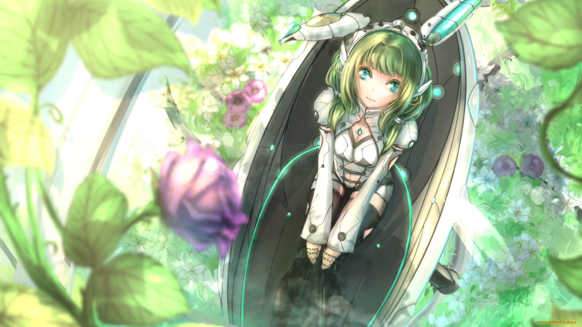 аниме, оружие, , техника, , технологии, арт, девушка, технологии, ушки, роза, размытость, растения, природа, взгляд, цветы