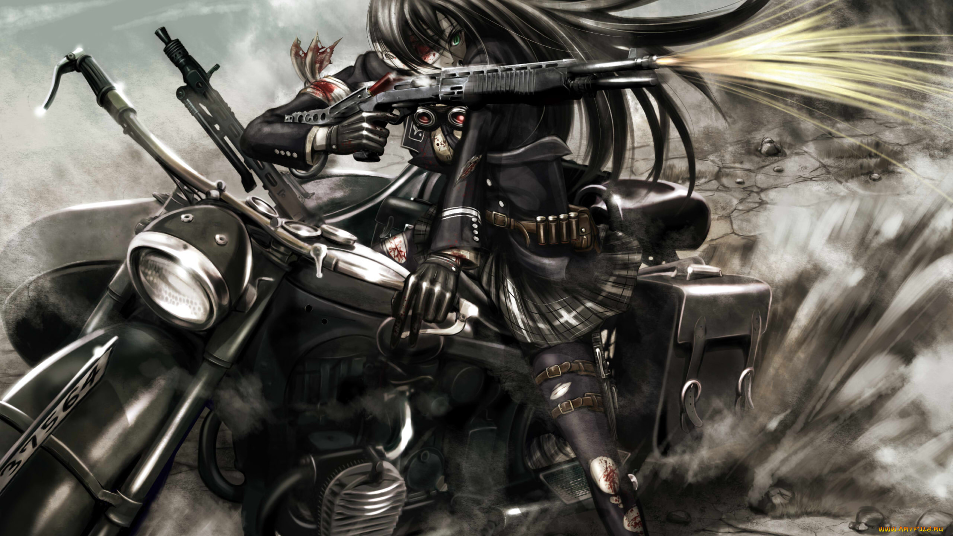 аниме, оружие, , техника, , технологии, kouji, oota, арт, девушка, мотоцикл, кровь, рана, бинт