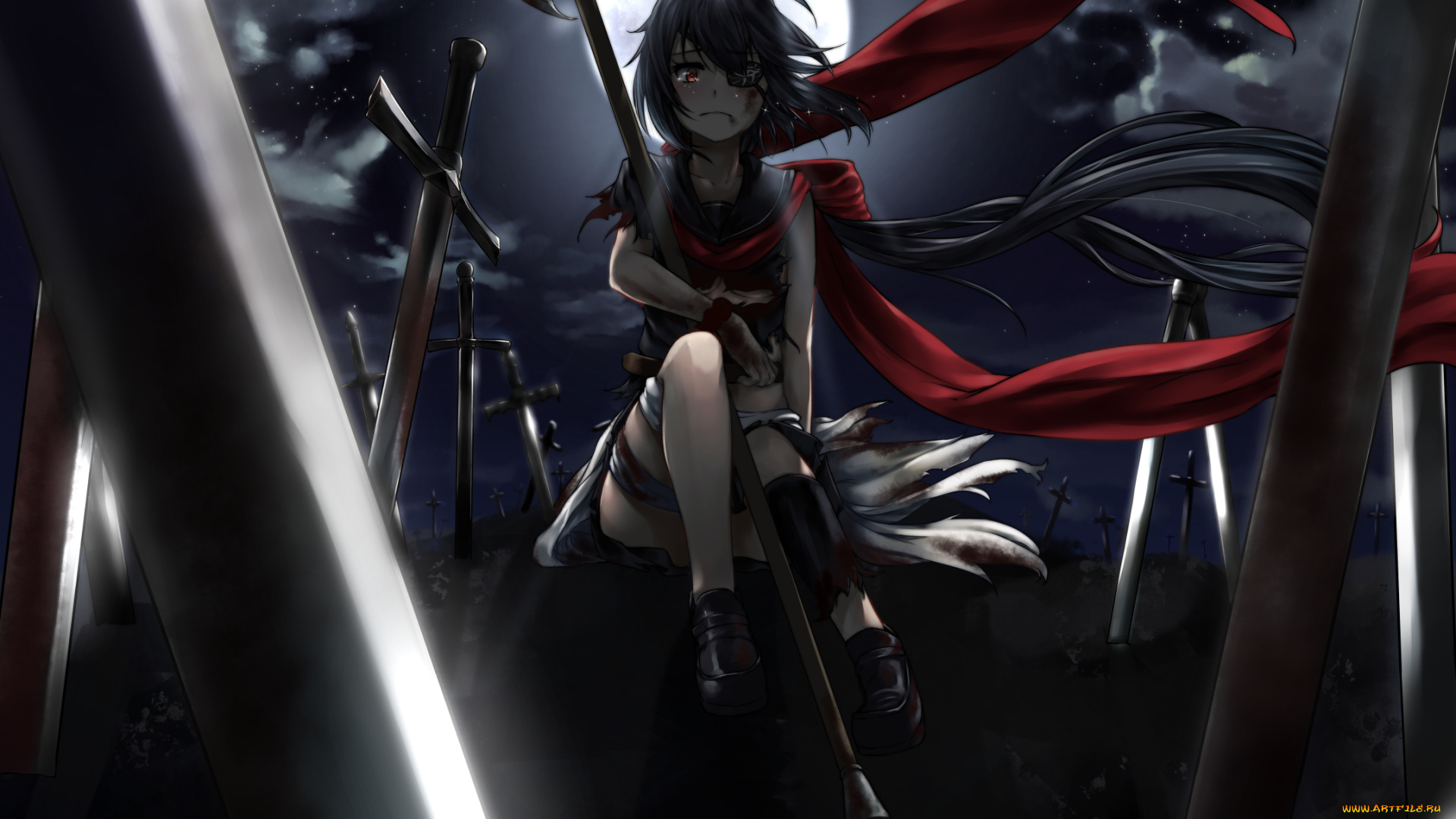 аниме, оружие, , техника, , технологии, ночь, девушка, арт, dabuki, топор, луна