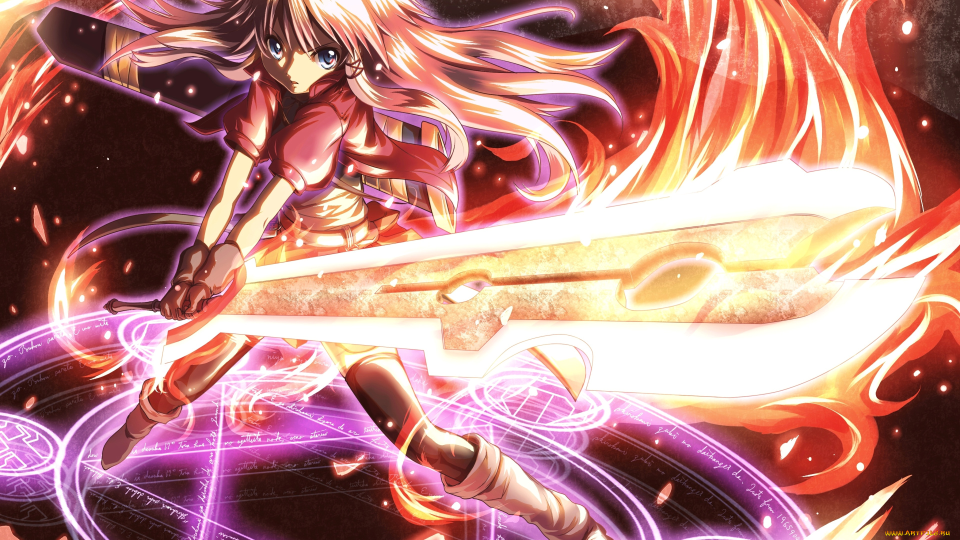 аниме, pixiv, fantasia, арт, девушка, взгляд, сияние, futakabe, anceril, sacred, pixiv, fantasia, оружие, волосы