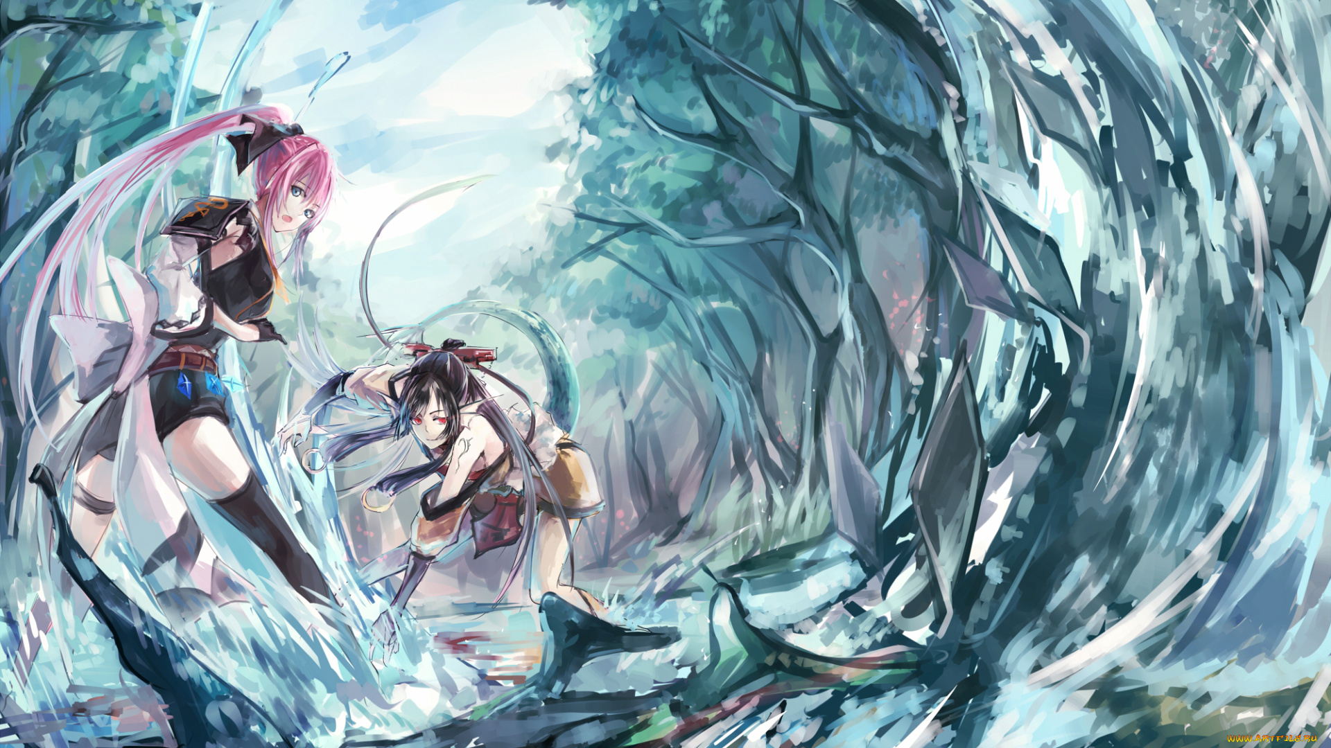 аниме, pixiv, fantasia, арт, nakadai, chiaki, лес, вода, девушки, pixiv, fantasia, существо, деревья