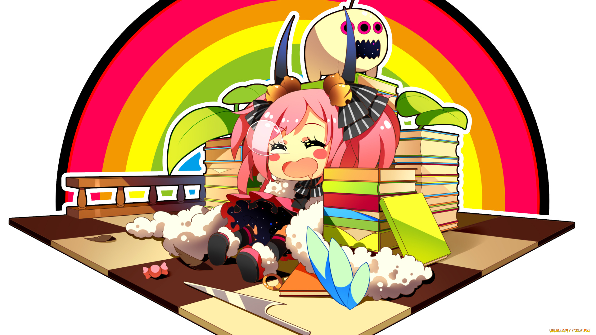 аниме, pixiv, fantasia, монстрик, ego, радуга, pixiv, fantasia, спит, девочка, арт