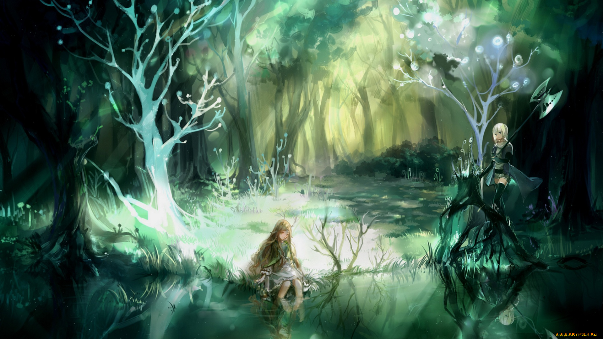 аниме, pixiv, fantasia, озеро, лес, девушка, арт, h2so4kancel, pixiv, fantasia