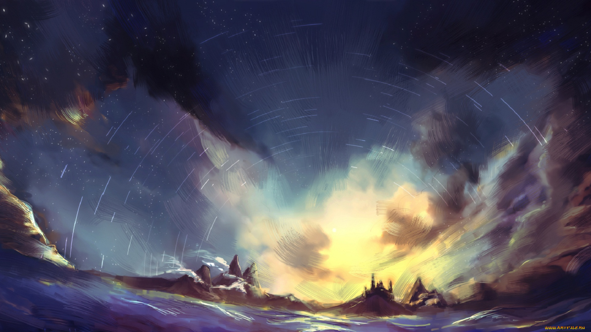 аниме, pixiv, fantasia, pixiv, fantasia, небо, закат, замок, скалы, море, пейзаж, арт, mask, shounen