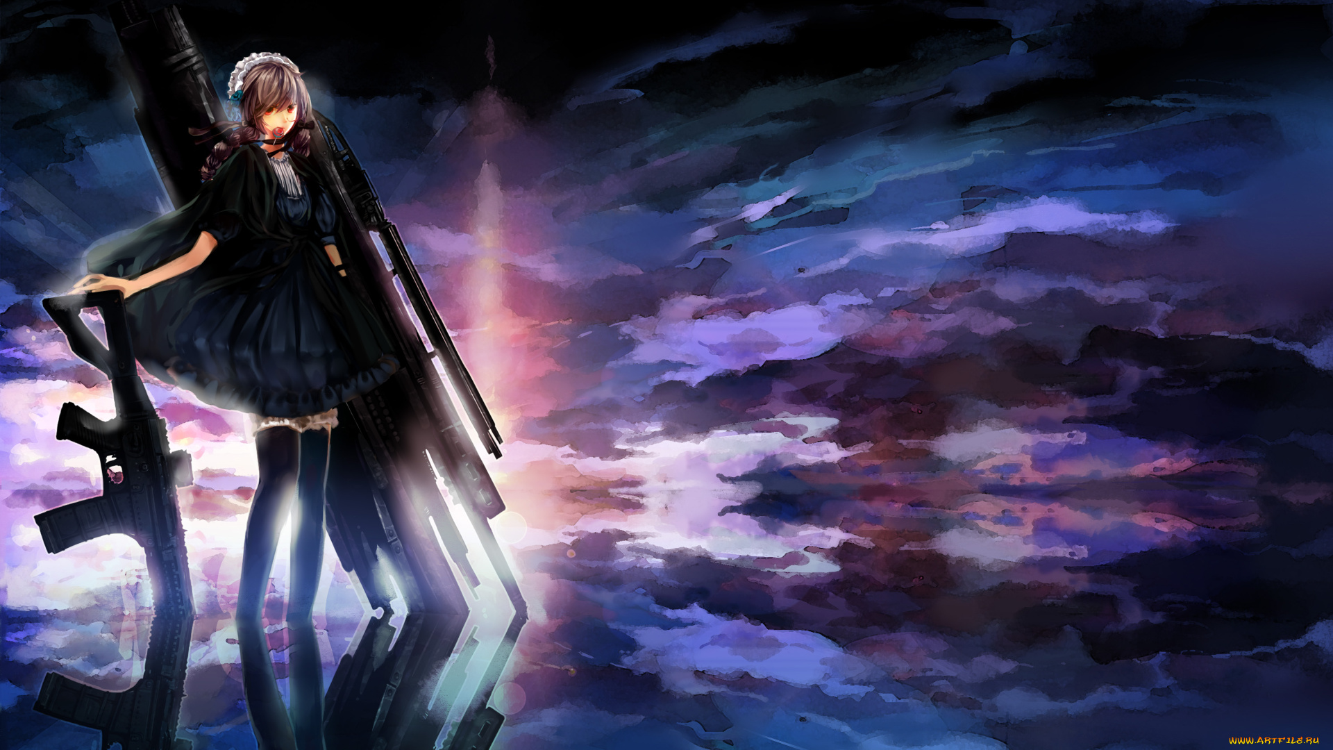 аниме, pixiv, fantasia, закат, отражение, оружие, небо, pixiv, fantasia, девушка, арт, h2so4kancel, вода, конфета