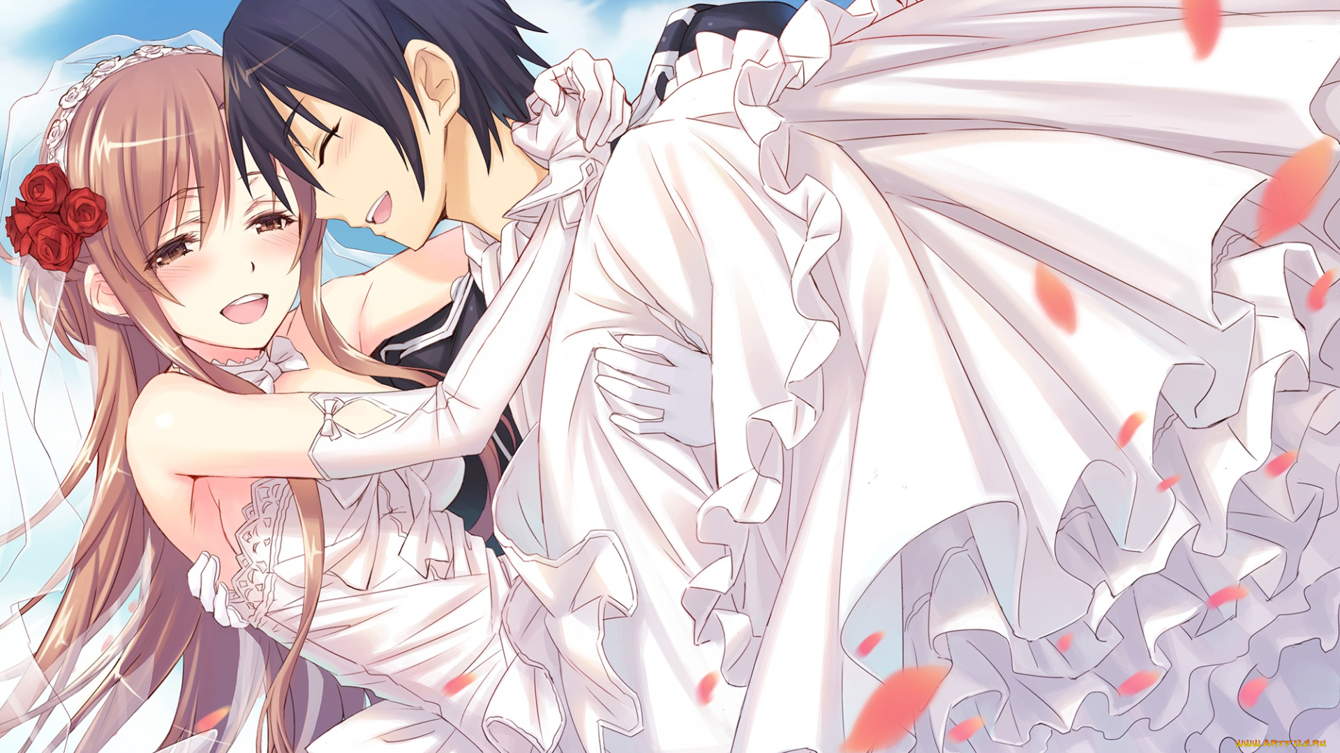 аниме, sword, art, online, арт, matsuryuu, sword, art, online, yuuki, asuna, девушка, парень, kirigaya, kazuto, пара, счастье, романтика, свадьба