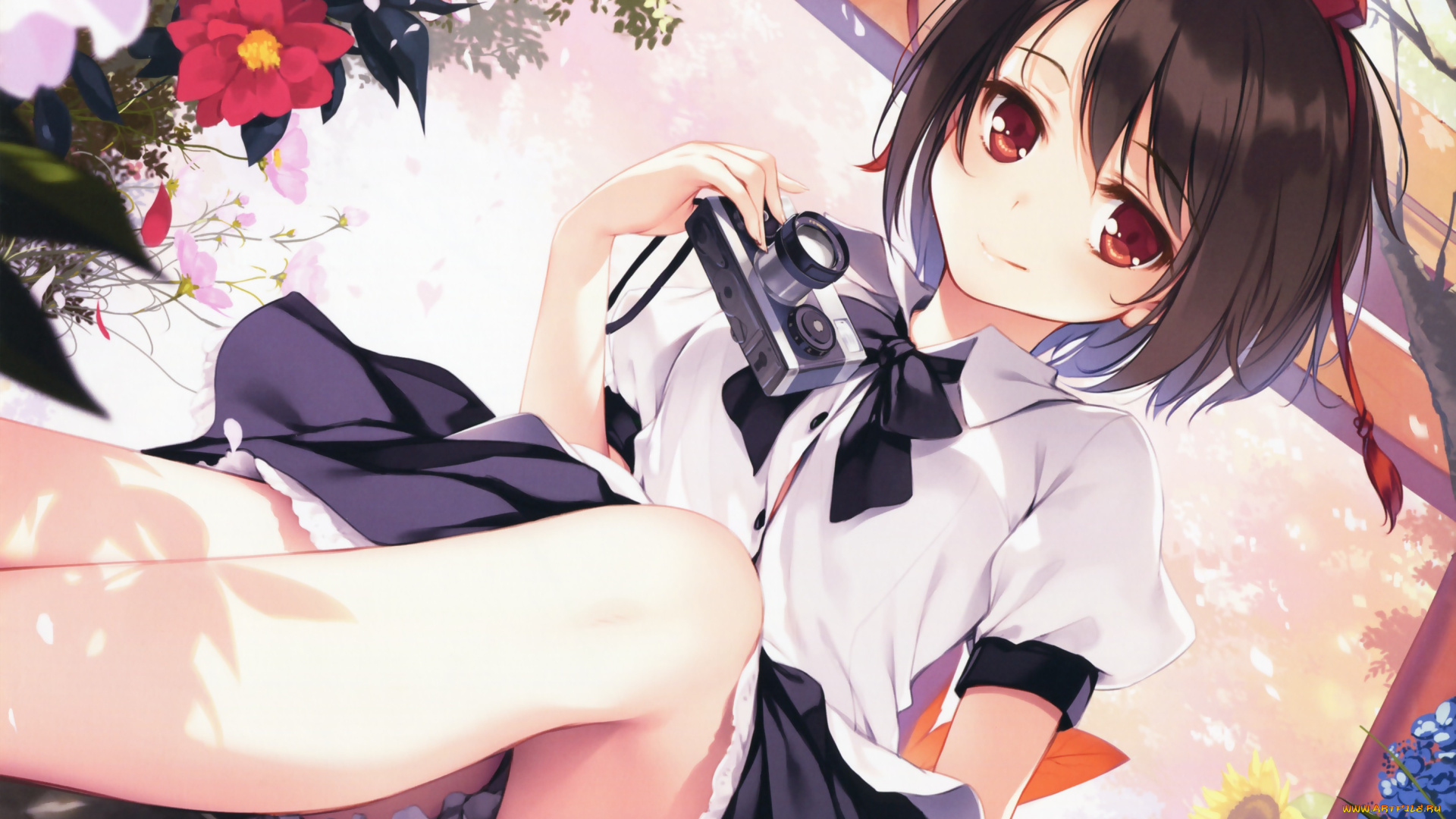 аниме, touhou, арт, shameimaru, aya, ke-ta, фотоаппарат, цветы, девушка