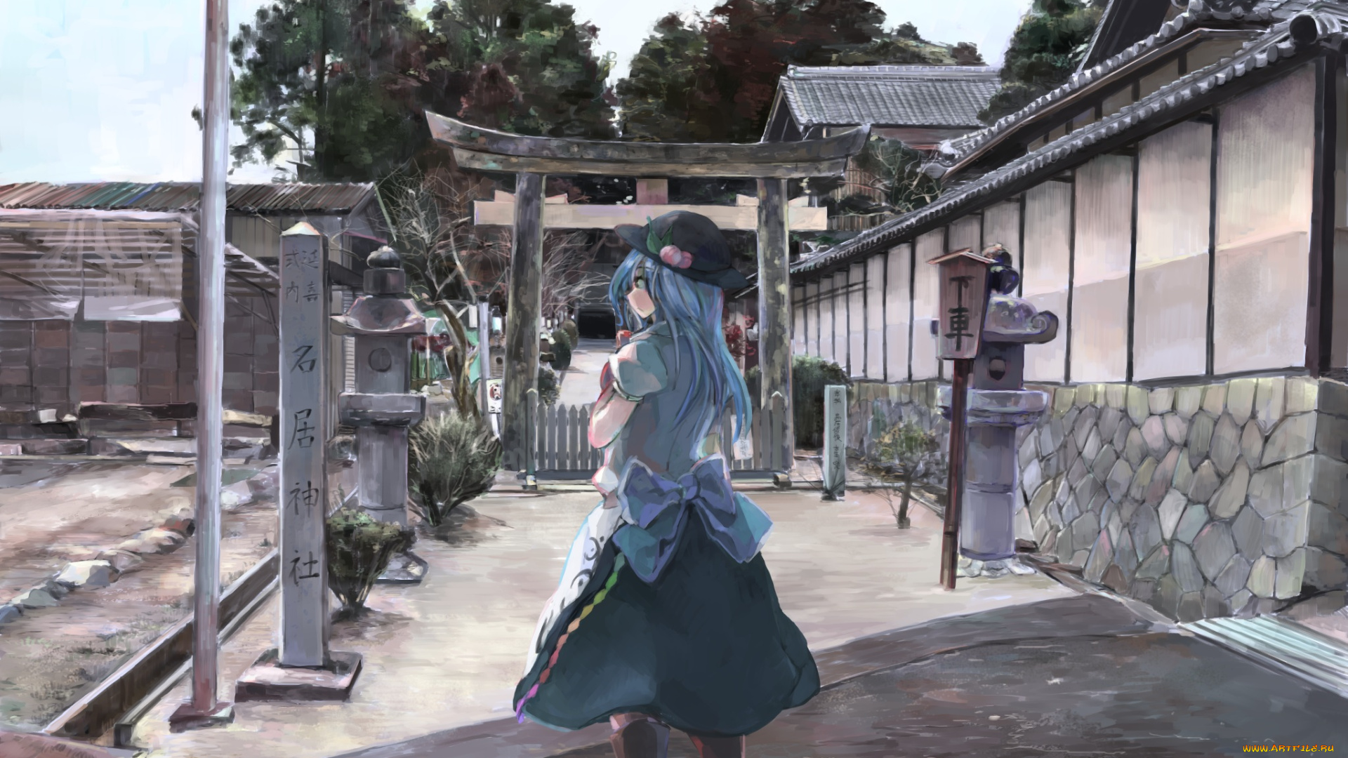 аниме, touhou, ichiba, youichi, деревья, улица, девушка, арт, столб, шляпка, дом, hinanawi, tenshi