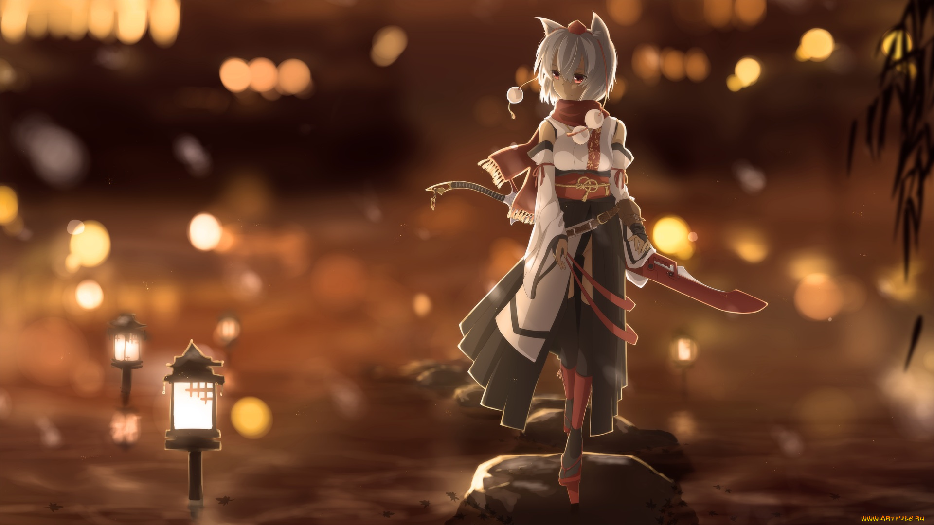 аниме, touhou, inubashiri, momiji, девушка, арт, огни, kamiya, suzume