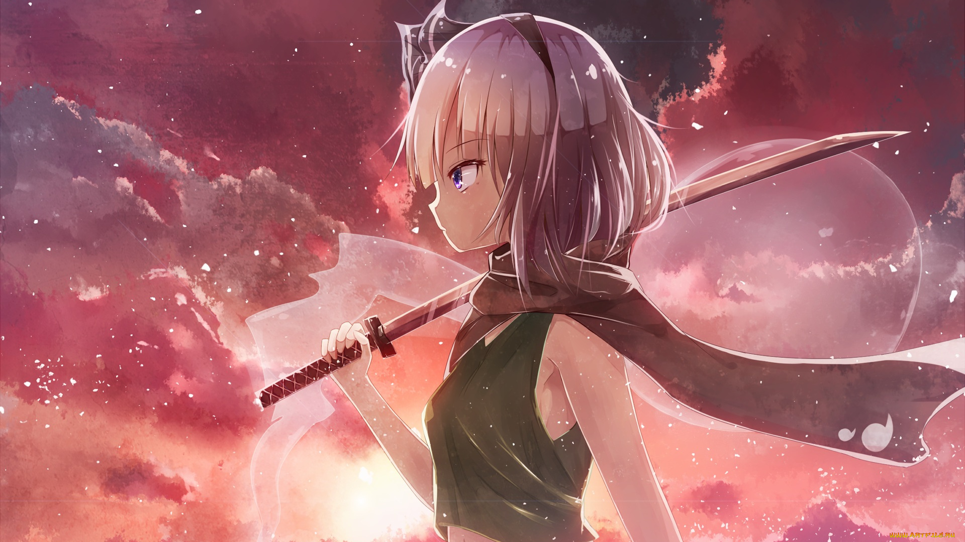 аниме, touhou, raira, myon, konpaku, youmu, девушка, облака, оружие, профиль, меч, закат, арт