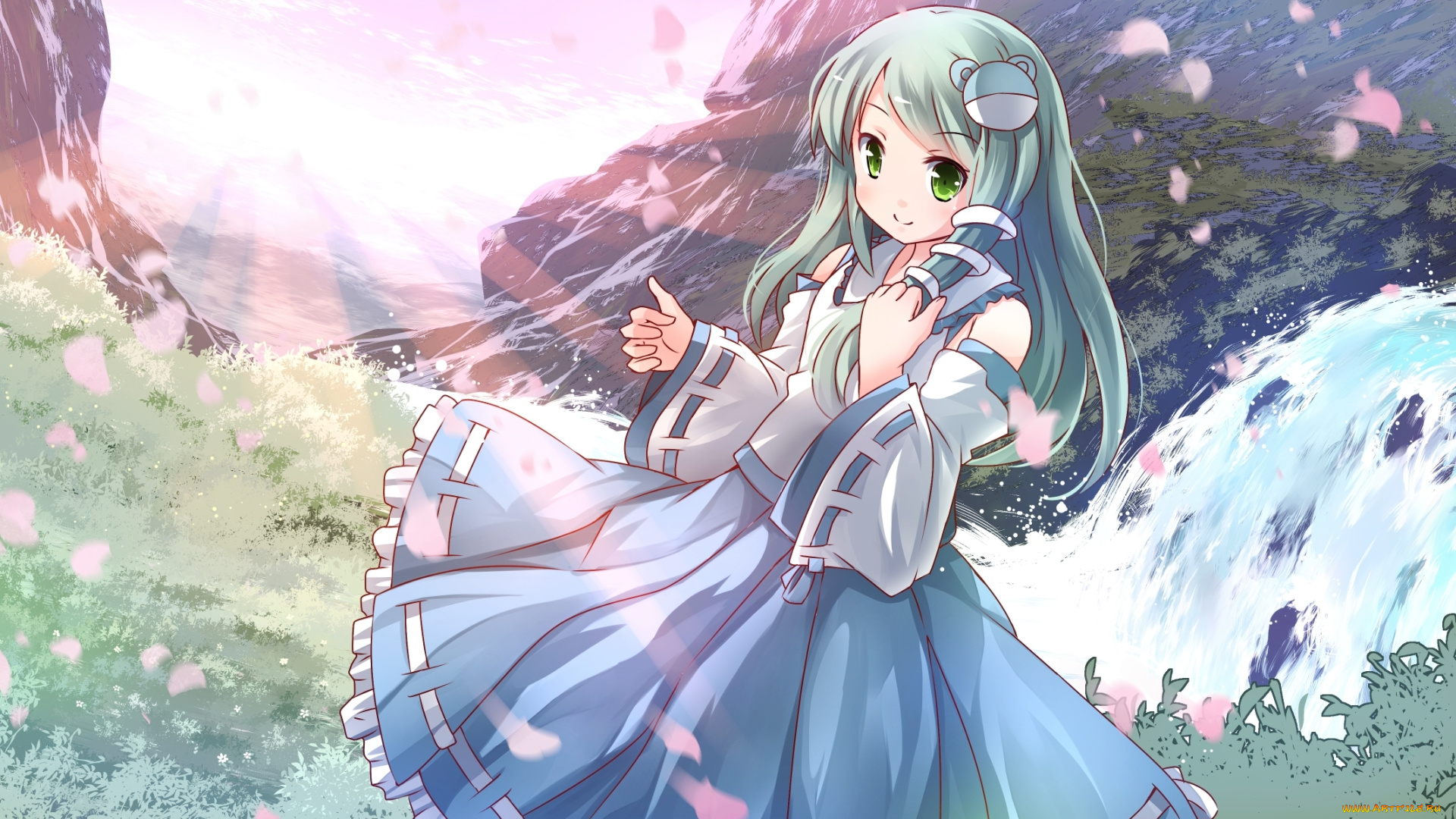 аниме, touhou, водопад, лепестки, горы, природа, девушка, арт, risutaru, kochiya, sanae