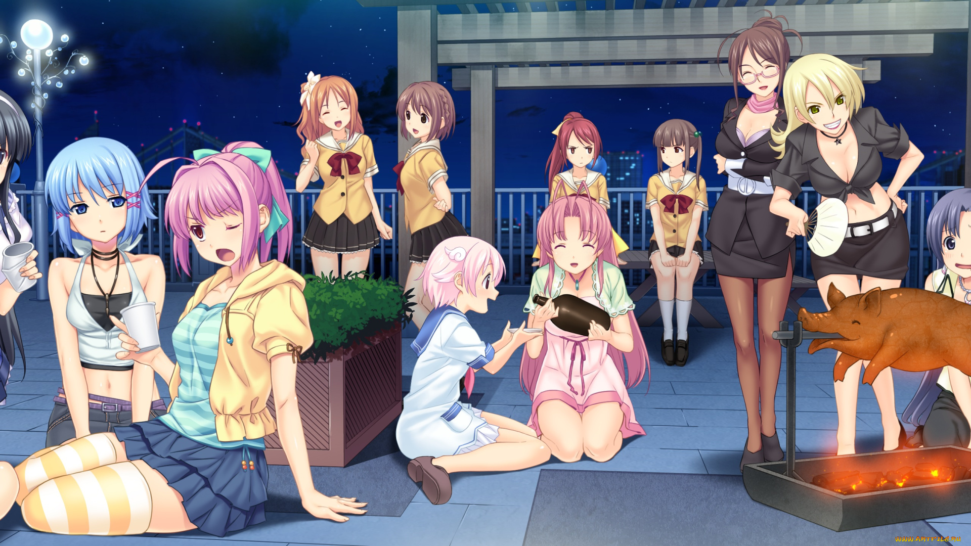 аниме, tropical, kiss, девушки, арт, koutaro, вечеринка, поросёнок, мангал