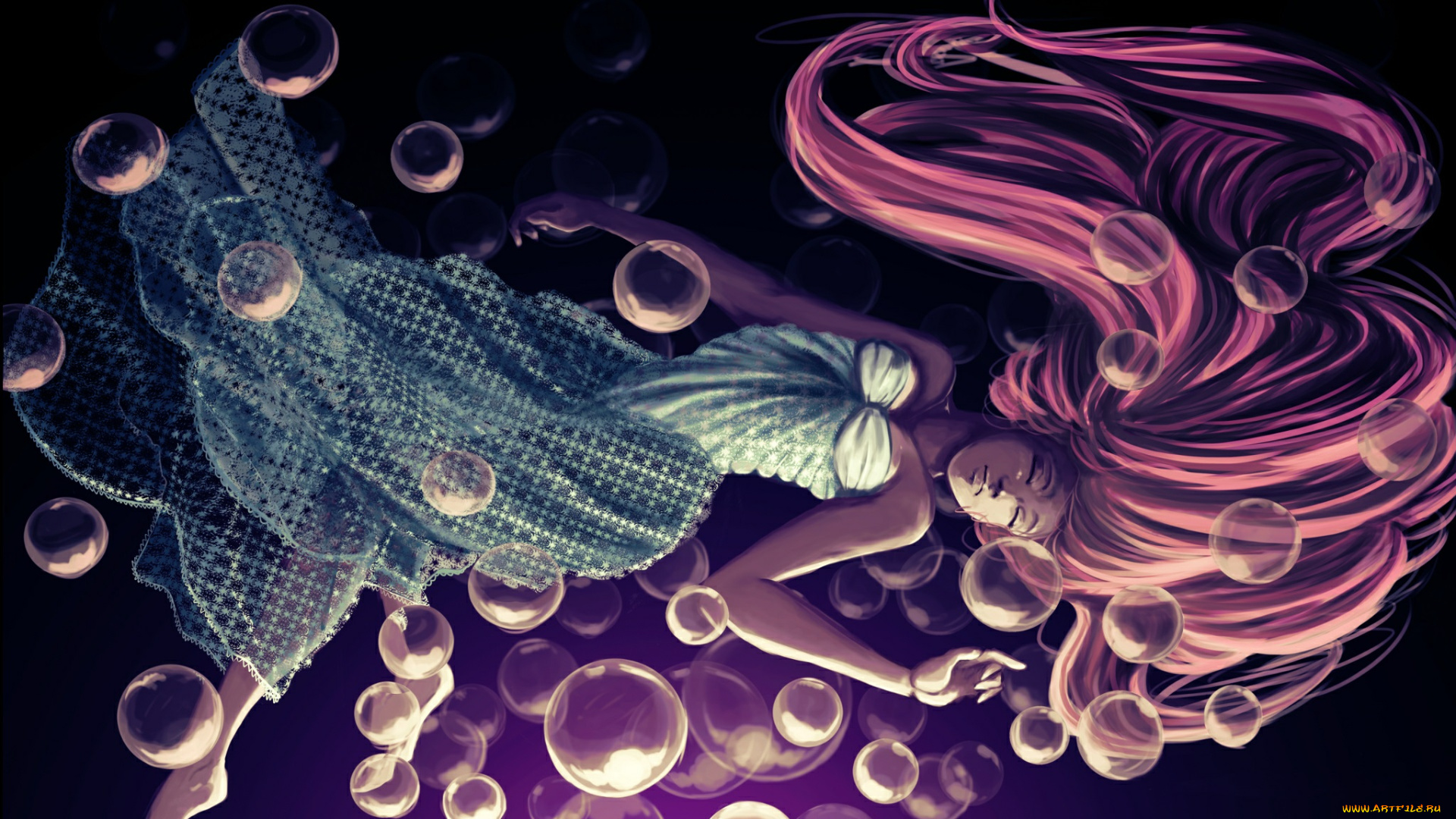 аниме, unknown, , другое, арт, девушка, пузыри, платье