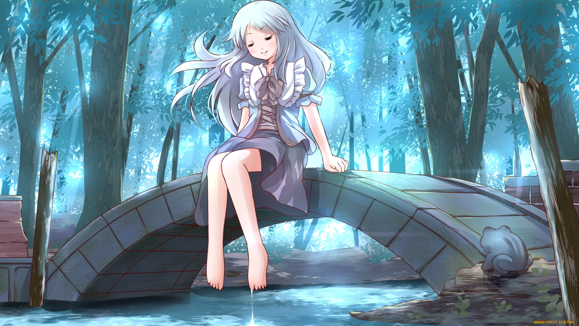 аниме, unknown, , другое, река, лес, сидит, девушка, мост, листья, деревья, вода, лягушка, арт, risutaru