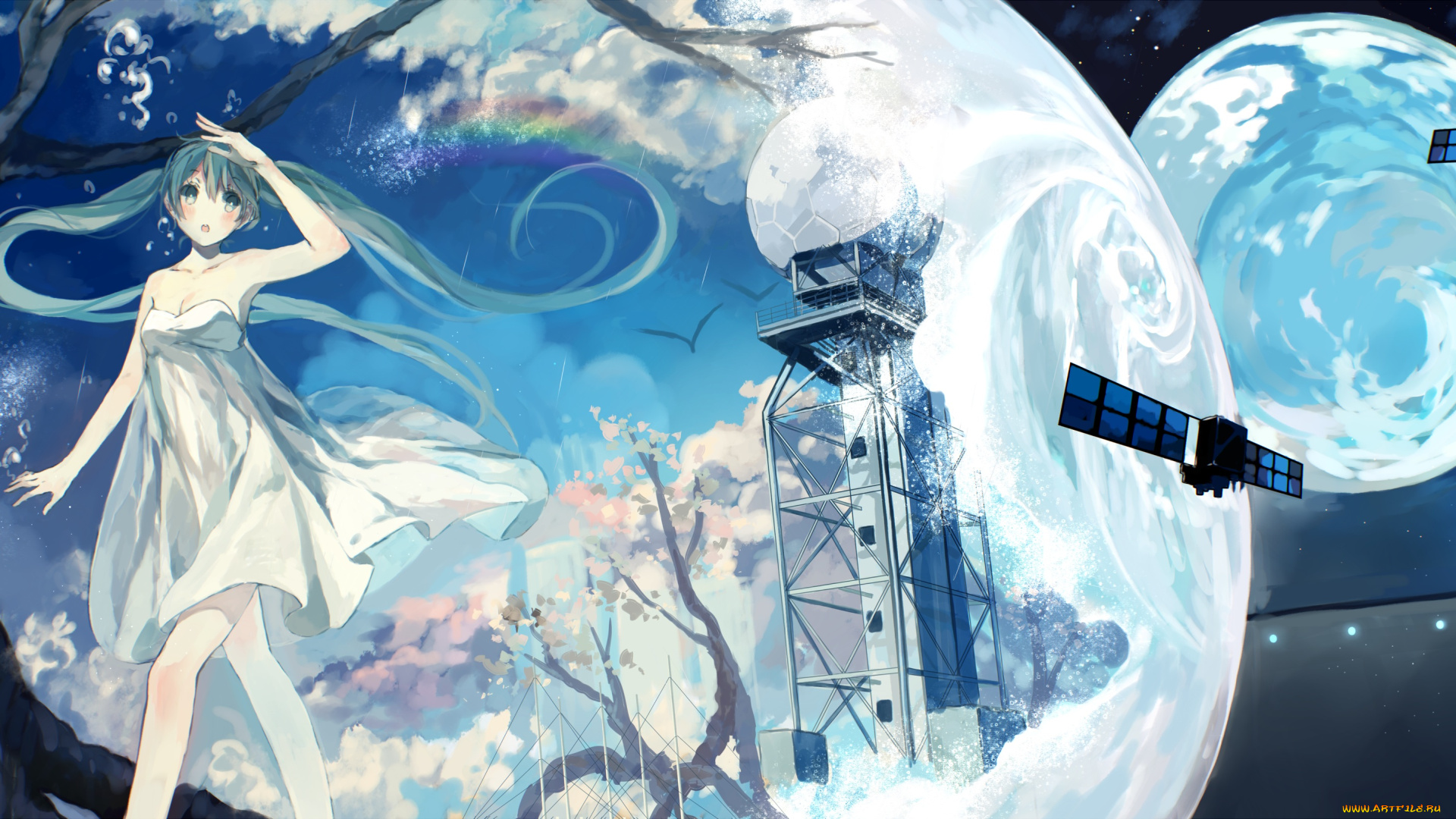 аниме, vocaloid, арт, дождь, радуга, hatsune, miku, bou, shaku, девушка, луна