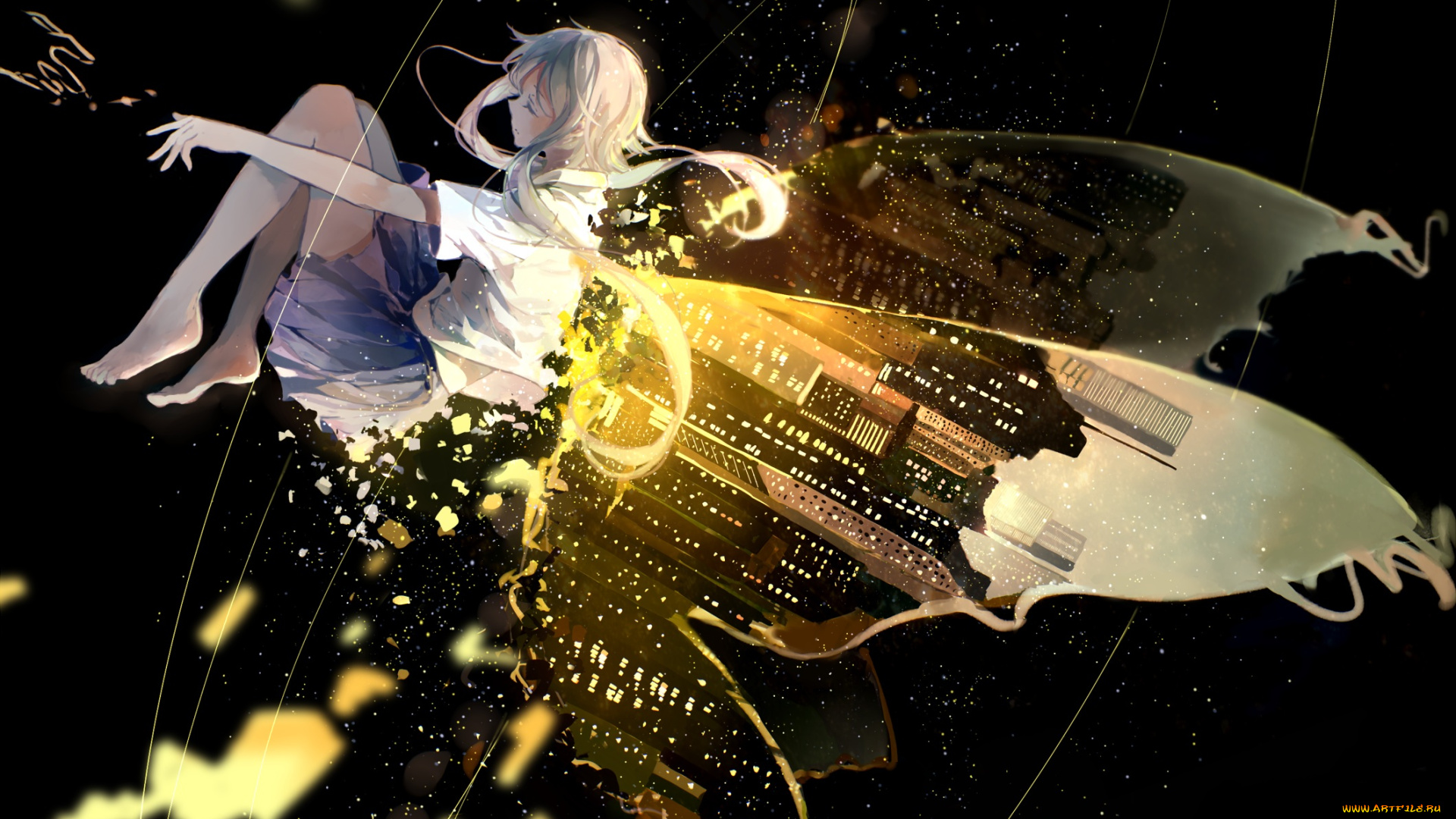 аниме, vocaloid, china, luo, tianyi, bou, shaku, девушка, искорки, арт, фея, здания, ночь, город, бабочка, крылья