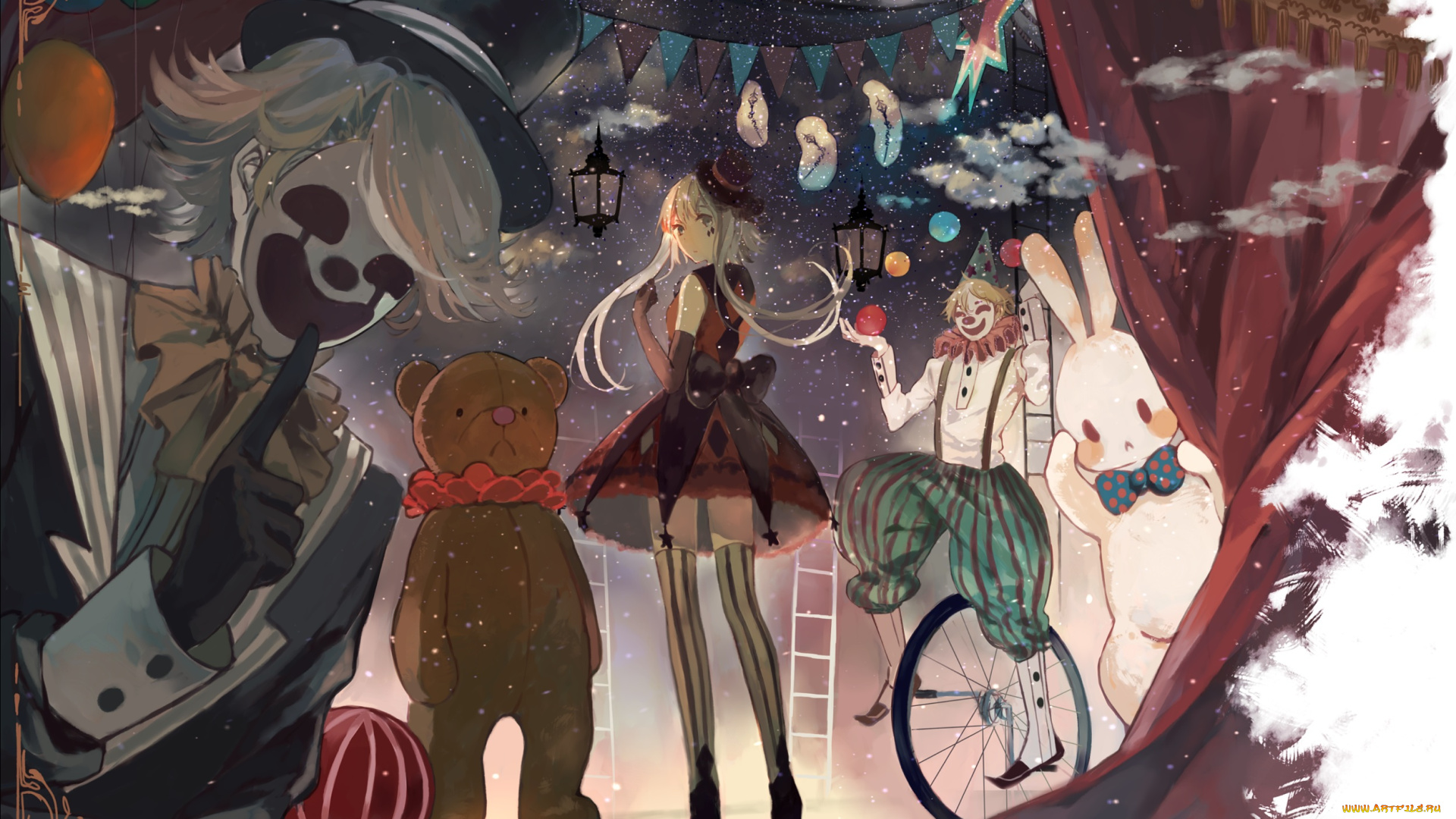 аниме, vocaloid, клоуны, медведь, девушка, bou, shaku, luo, tianyi, арт, воздушные, шары, часы, china, заяц