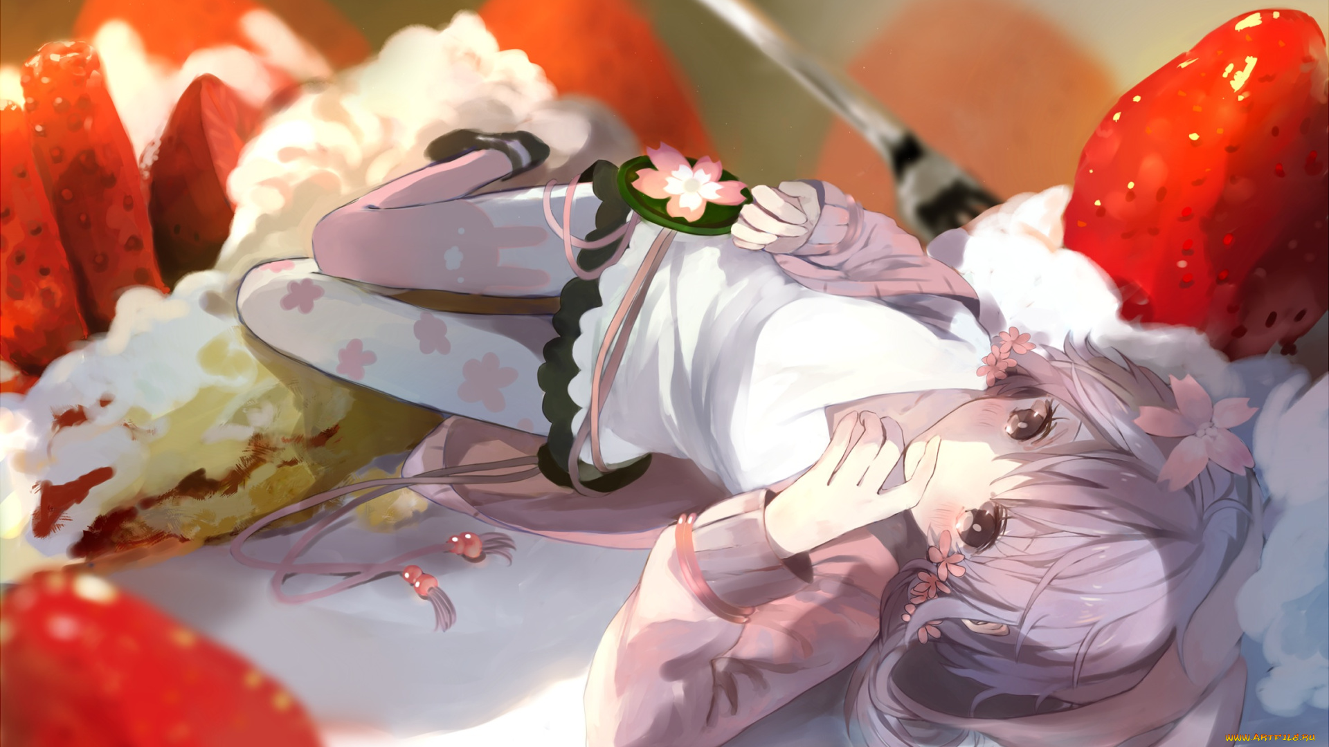 аниме, vocaloid, вокалоид, арт, девушка, bou, shaku, yuzuki, yukari, еда, десерт, пироженое, клубника