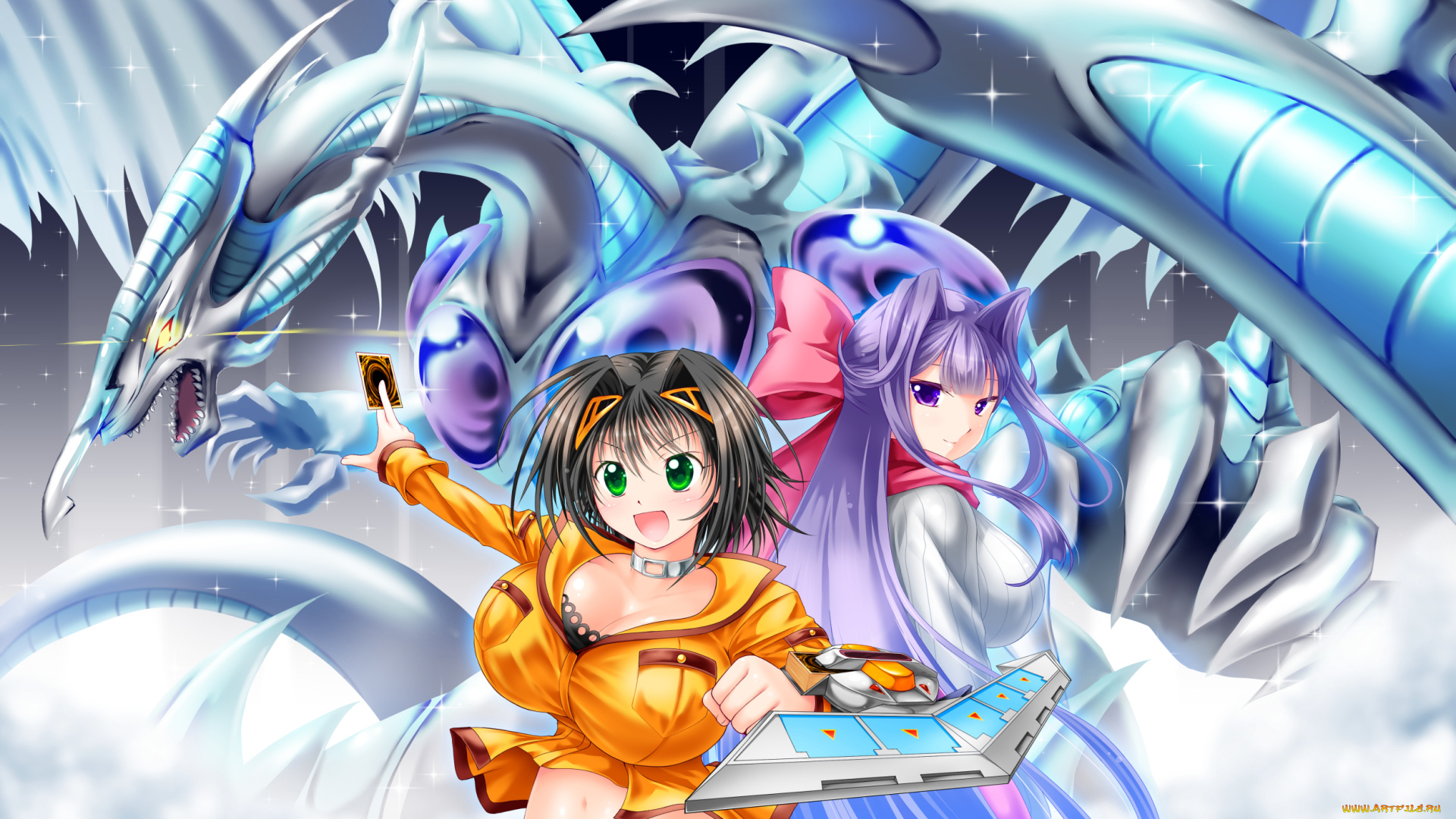 аниме, yuu, gi, ou, yu-gi-oh, stardust, dragon, арт, девушки, карты, драконы