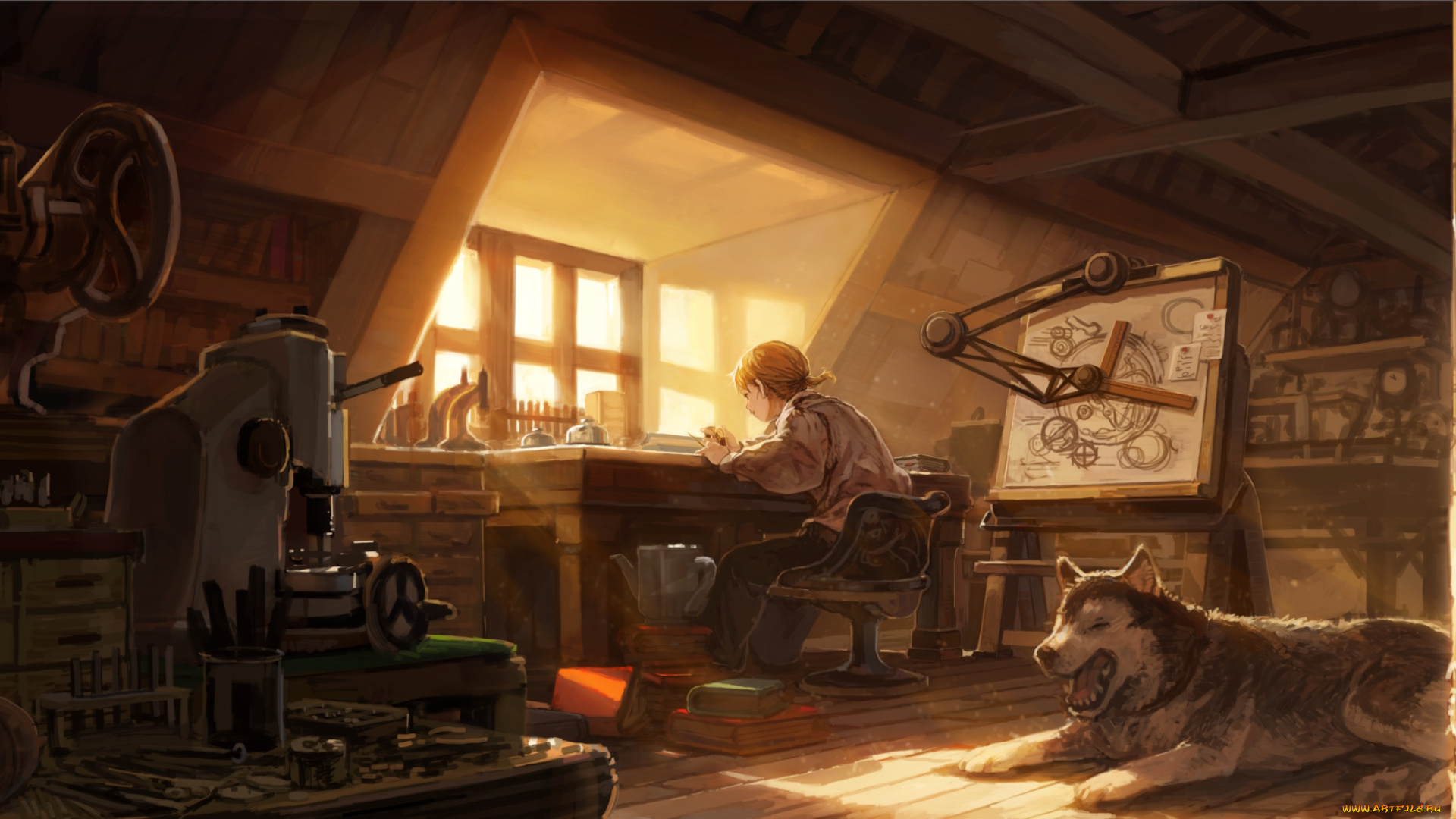 аниме, животные, , существа, арт, животное, мастерская, швейные, машины, собака, парень, пёс, burari