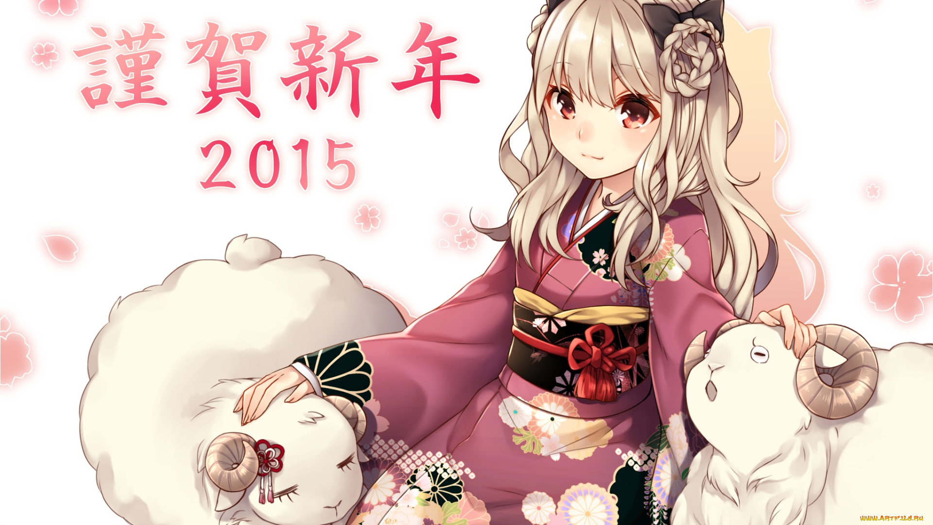 аниме, животные, , существа, цветы, девушка, арт, akayan, новогодняя, новый, год, барашки, 2015, иероглифы