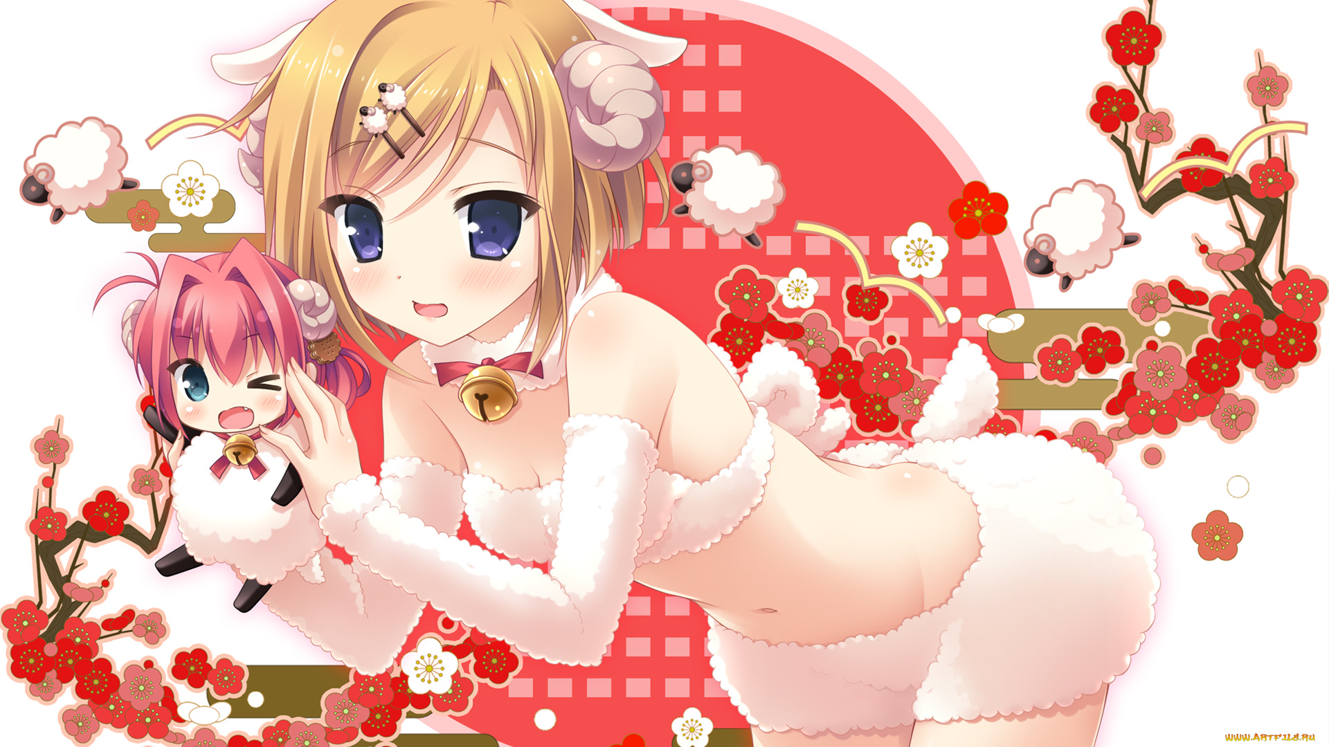 аниме, животные, , существа, ikegami, akane, mizunashi, miya, imouto, no, okage, de, mote, sugite, yabai, новогодняя, цветы, рога, арт, девушка