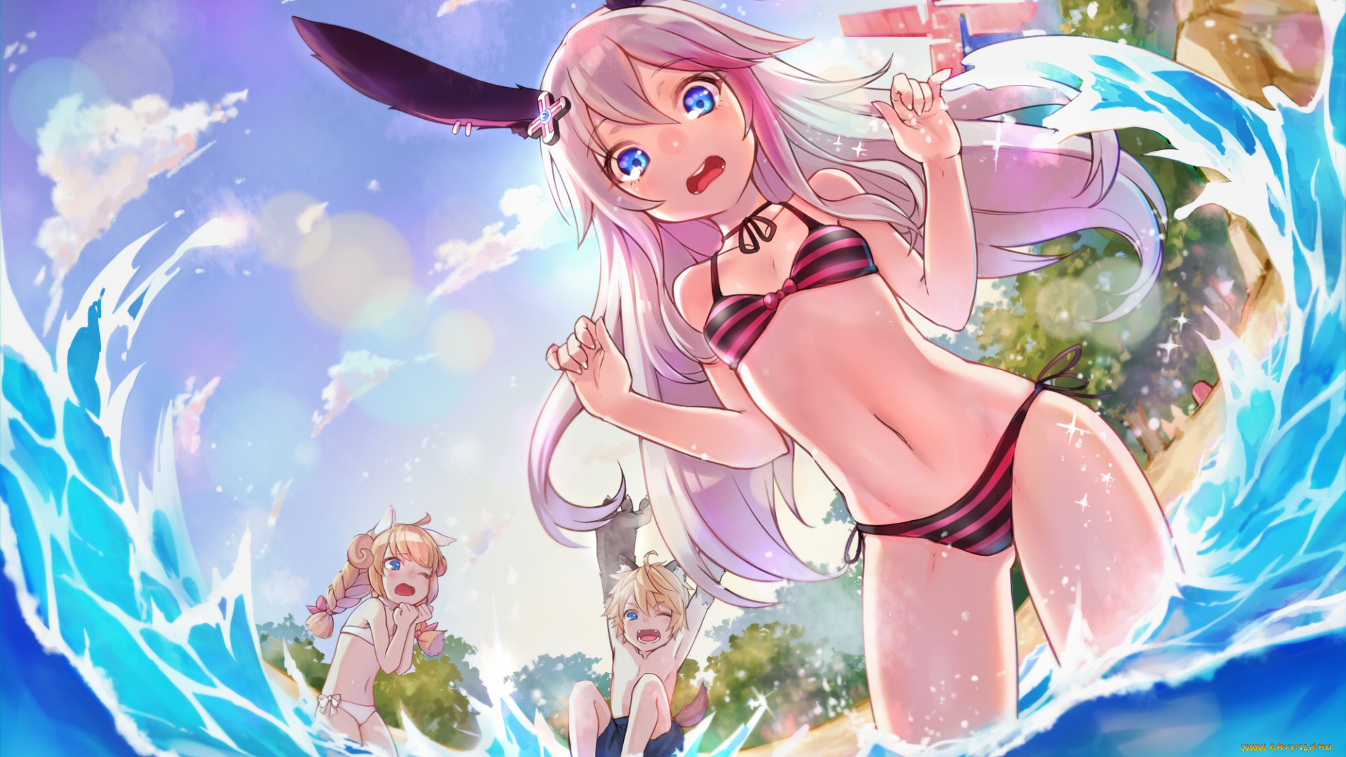 аниме, животные, , существа, море, aura, kingdom, мальчик, вода, девушки, shennai, misha, облака, брызги, ушки, небо