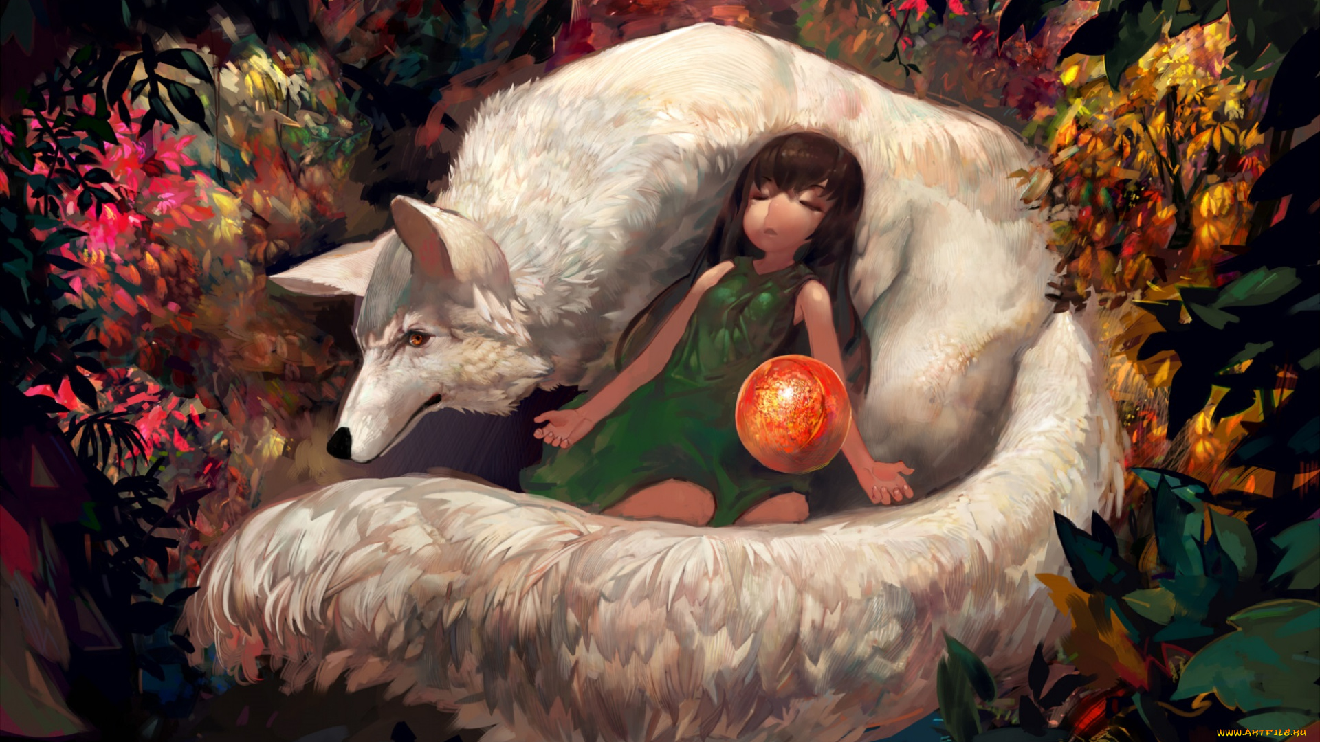 аниме, животные, , существа, onion, and, pi-natto, арт, лягушка, девушка, листья, лес, волк, белый, шар, осень, спит