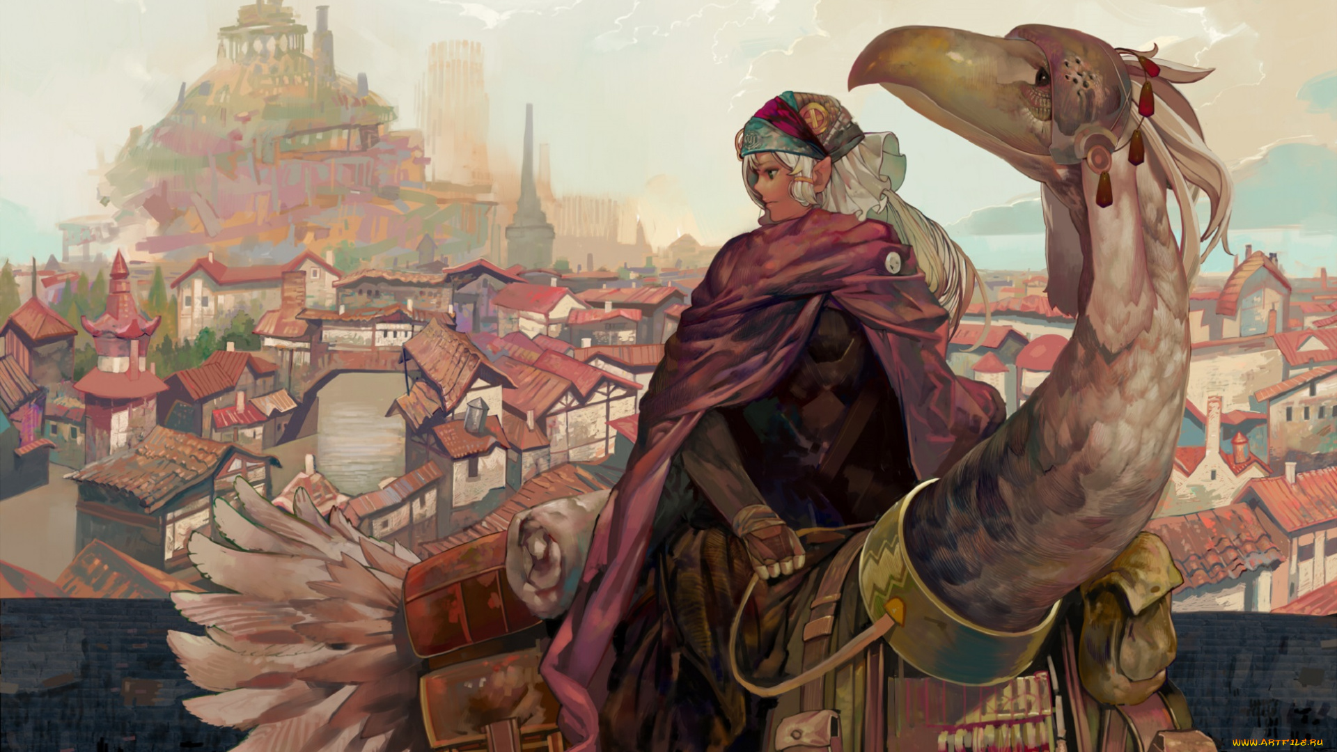 аниме, животные, , существа, onion, and, pi-natto, арт, эльф, накидка, птица, наездник, небо, путешественник, город