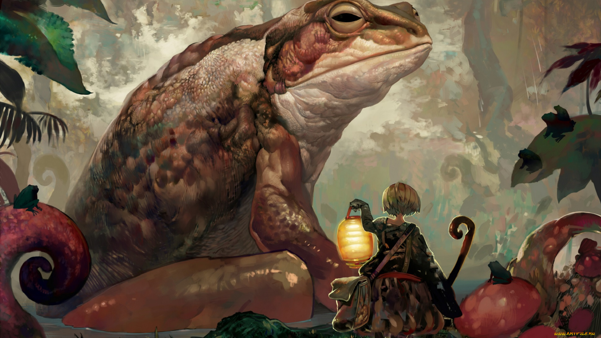 аниме, животные, , существа, onion, and, pi-natto, арт, лягушка, девушка, человек, лес, джунгли, фонарь, листья, озеро, жаба, грибы